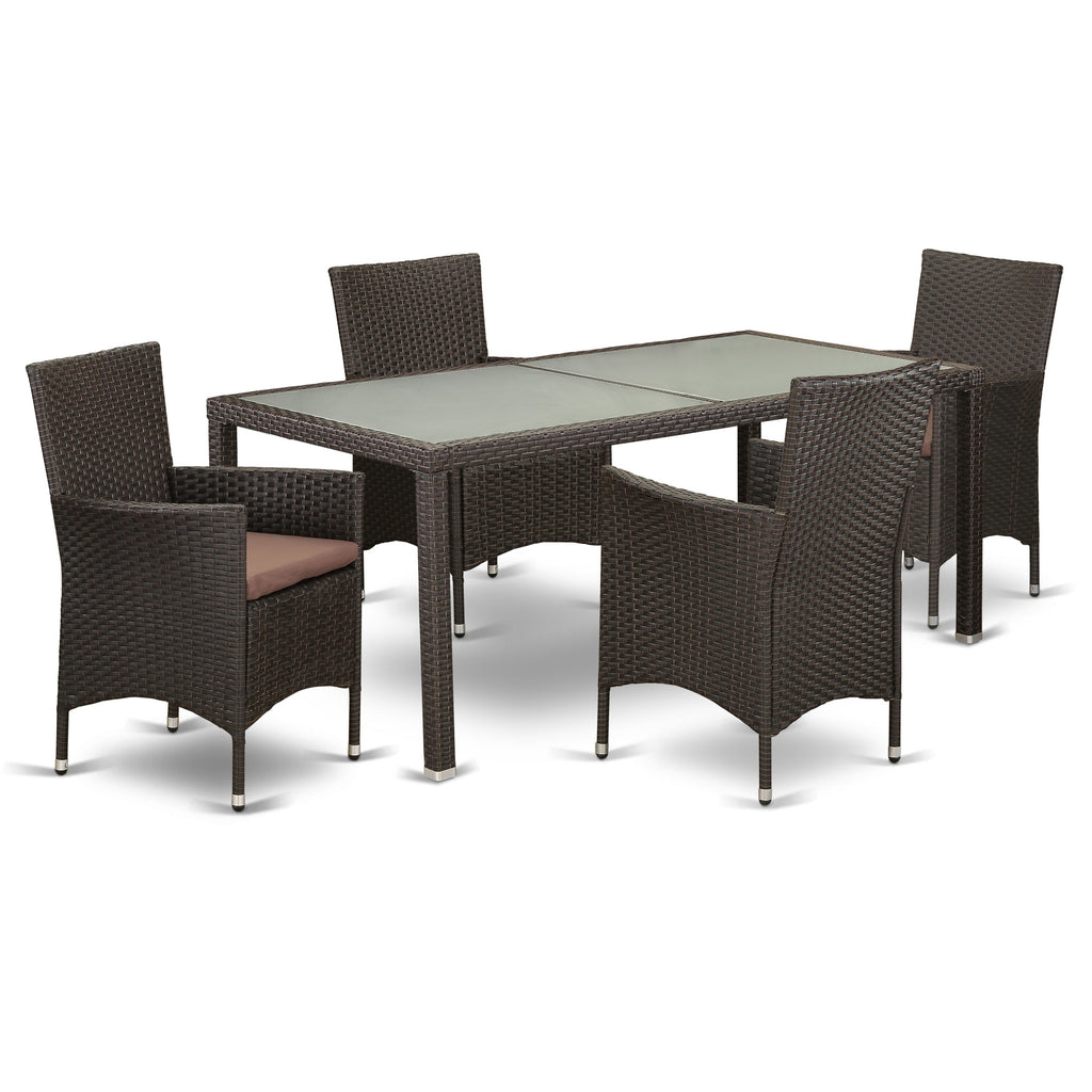 East West Furniture LUVL5-63S 5 Piece Outdoor Wicker Patio Furniture Sets Includes a Rectangle Bistro Dining Table with Glass Top and 4 Balcony Armchair with Cushion