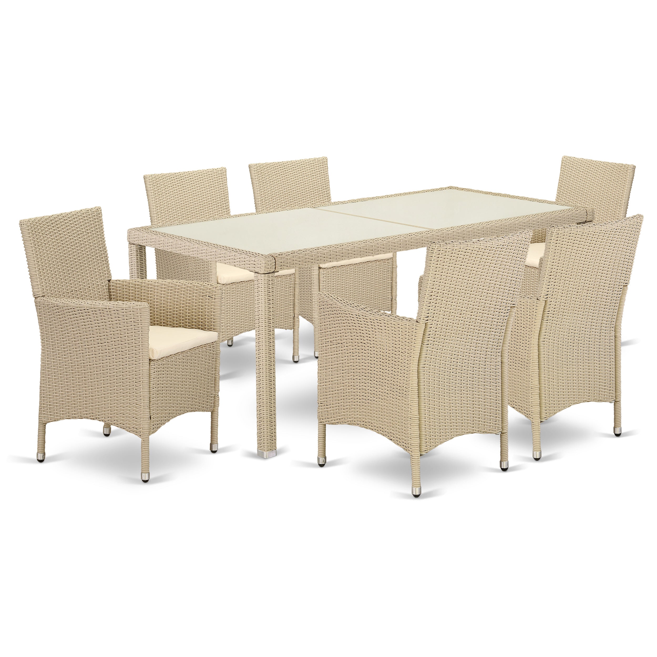 Conjunto de muebles de patio de 7 piezas East West Furniture LUVL7-53V, conjunto de mimbre para exterior, compuesto por una mesa de comedor rectangular con tapa de vidrio y 6 sillones de balcón con cojín.