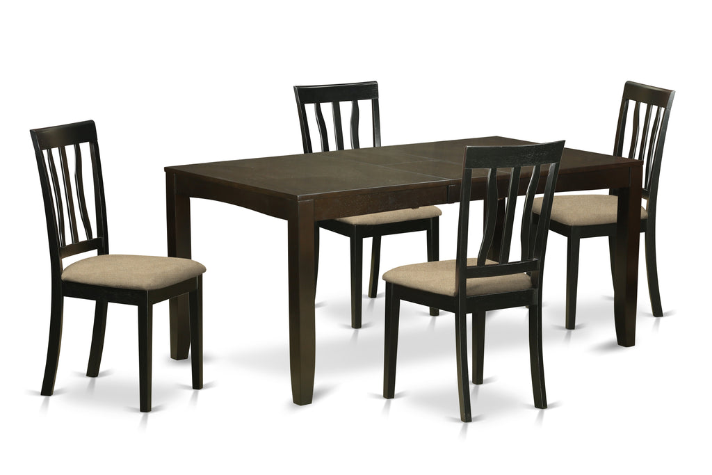 El juego de mesa de comedor moderno de 5 piezas LYAN5-CAP-C de East West Furniture incluye una mesa rectangular de madera con diseño de hojas de mariposa y 4 sillas de comedor de tela de lino.