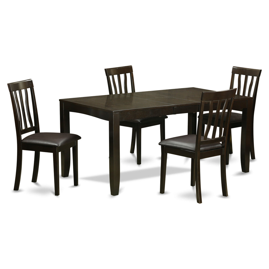 El juego de mesa de comedor moderno de 5 piezas LYAN5-CAP-LC de East West Furniture incluye una mesa rectangular de madera con diseño de hojas de mariposa y 4 sillas de comedor de cocina de cuero sintético.