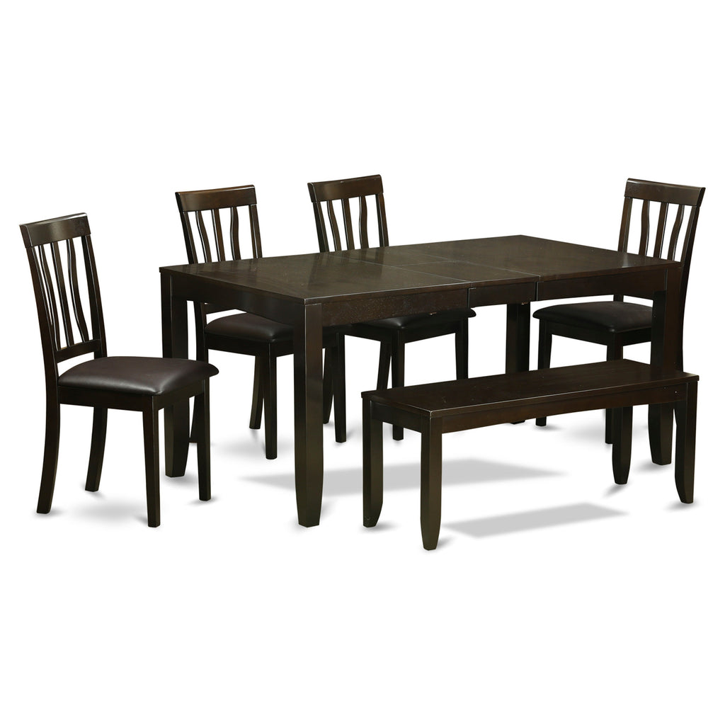 East West Furniture LYAN6-CAP-LC 6 Piece Dining Table Set Contains a Rectangle Dining Room Table with Butterfly Leaf and 4 Faux Leather Upholstered Chairs with a Bench