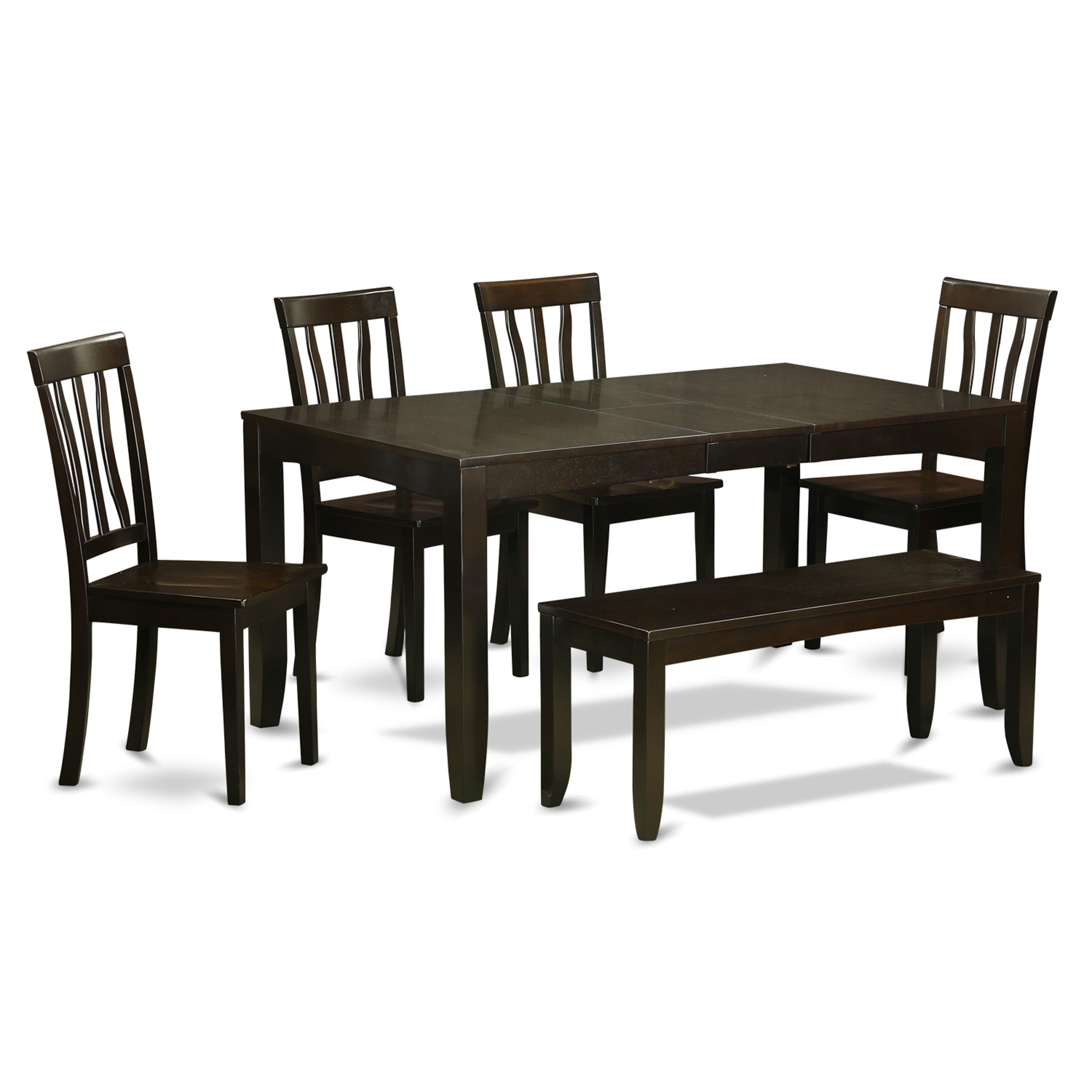 El juego de mesa de comedor de 6 piezas LYAN6-CAP-W de East West Furniture contiene una mesa de comedor rectangular con hojas de mariposa y 4 sillas con asiento de madera con un banco.