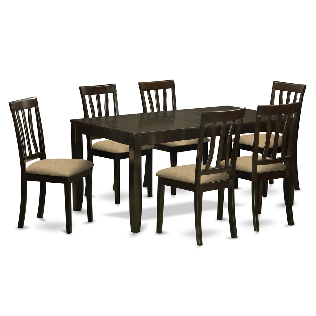 El juego de mesa de comedor East West Furniture LYAN7-CAP-C de 7 piezas consta de una mesa rectangular con diseño de hojas de mariposa y 6 sillas de comedor de tela de lino.
