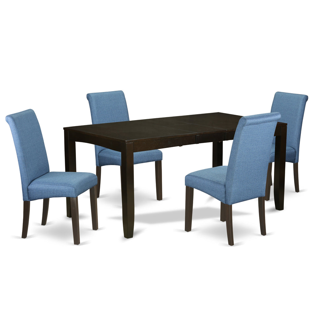 East West Furniture LYBA5-CAP-21 5 Piece Dining Table Set Includes a Rectangle Wooden Table with Butterfly Leaf and 4 Blue Color Linen Fabric Upholstered Chairs