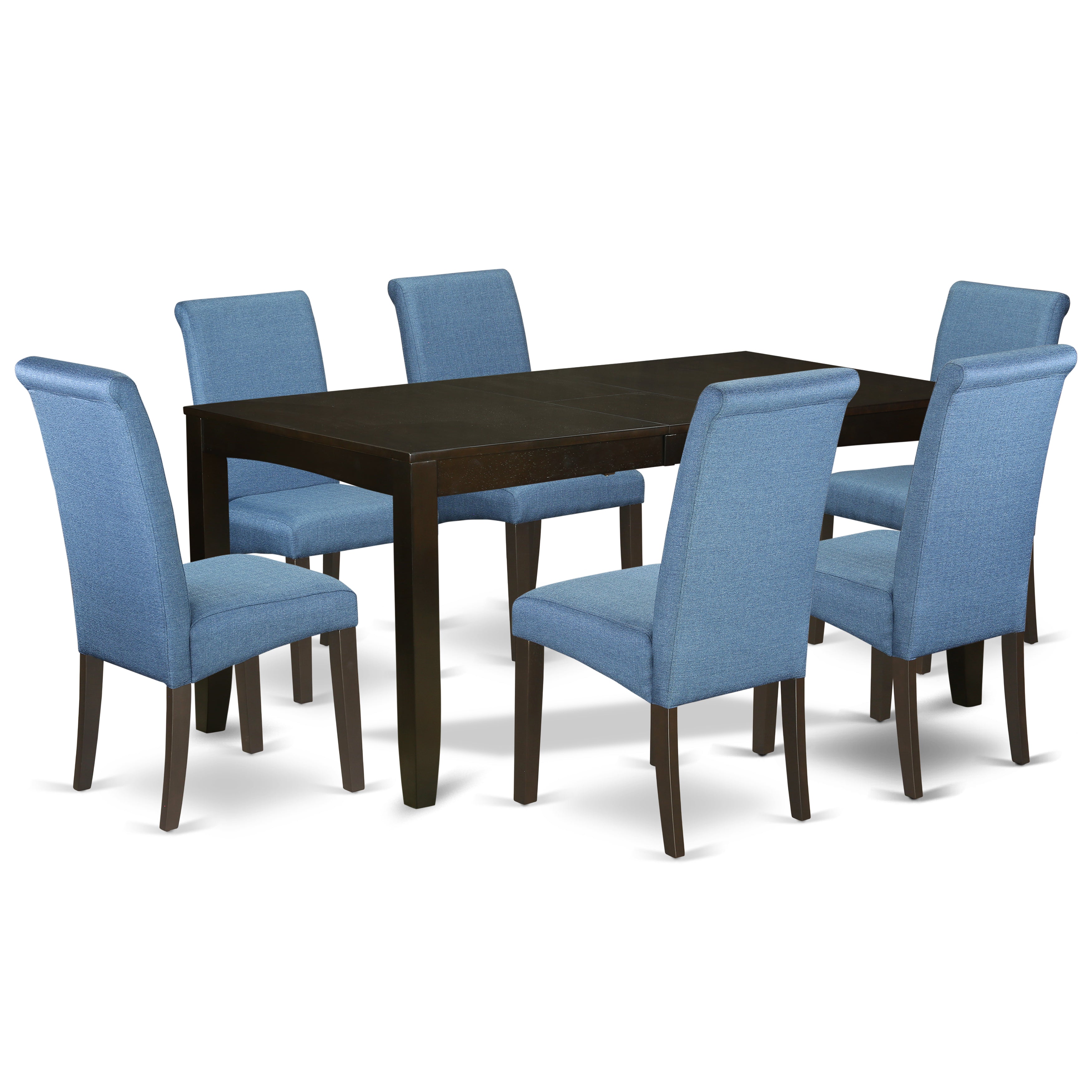 Juego de comedor de 7 piezas LYBA7-CAP-21 de East West Furniture: mesa rectangular con diseño de hojas de mariposa y 6 sillas tapizadas en tela de lino azul.