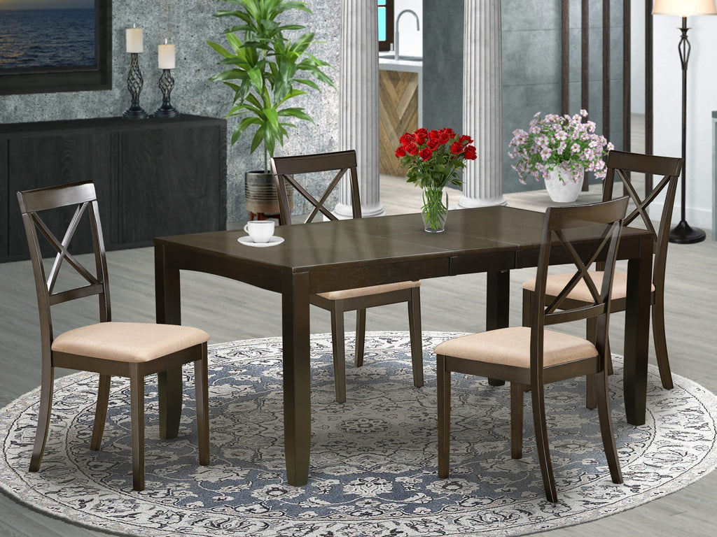 El juego de mesa de comedor de 5 piezas LYBO5-CAP-C de East West Furniture incluye una mesa de cocina rectangular con hojas de mariposa y 4 sillas de comedor tapizadas en tela de lino.