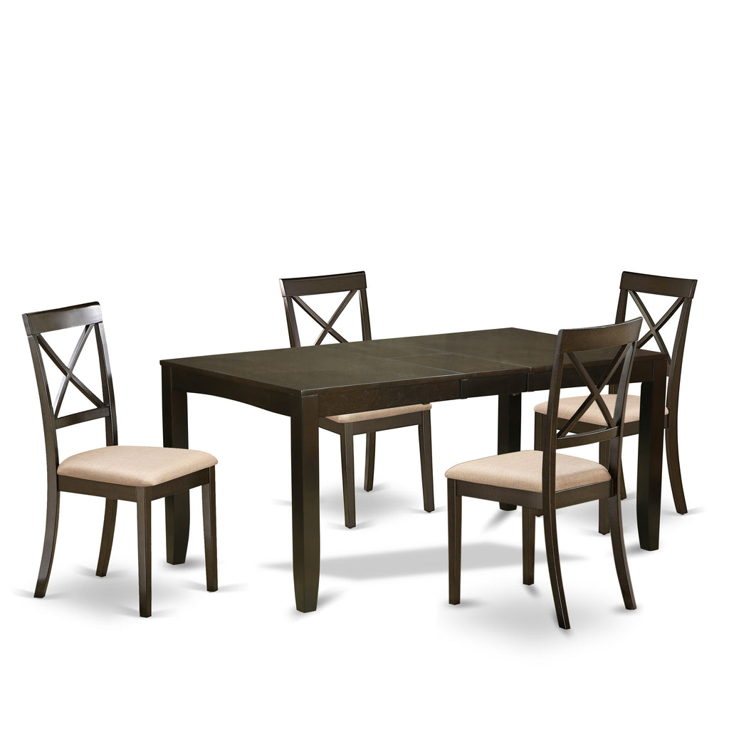 El juego de mesa de comedor de 5 piezas LYBO5-CAP-C de East West Furniture incluye una mesa de cocina rectangular con hojas de mariposa y 4 sillas de comedor tapizadas en tela de lino.