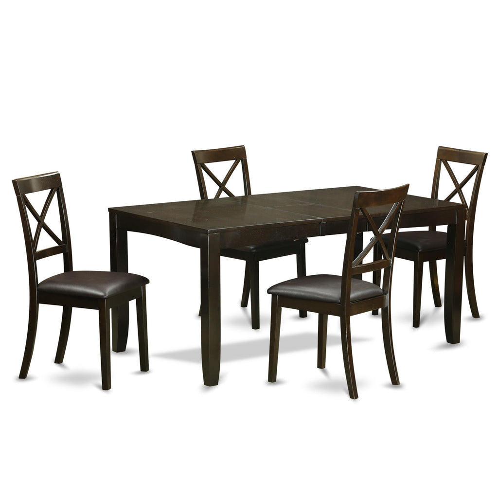 Juego de mesa de comedor de 5 piezas para 4 personas LYBO5-CAP-LC de East West Furniture. Incluye una mesa de cocina rectangular con diseño de hojas de mariposa y 4 sillas tapizadas en piel sintética.