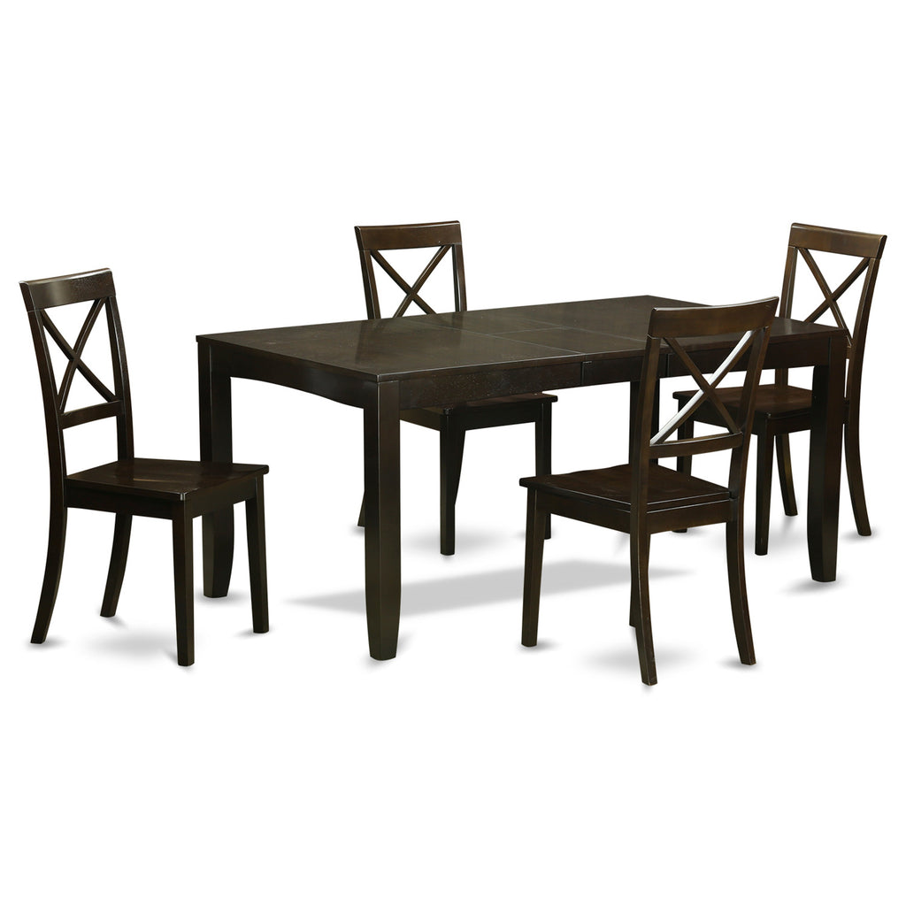 Juego de mesa de comedor de 5 piezas East West Furniture LYBO5-CAP-W para 4 personas. Incluye una mesa de cocina rectangular con diseño de hojas de mariposa y 4 sillas de comedor.