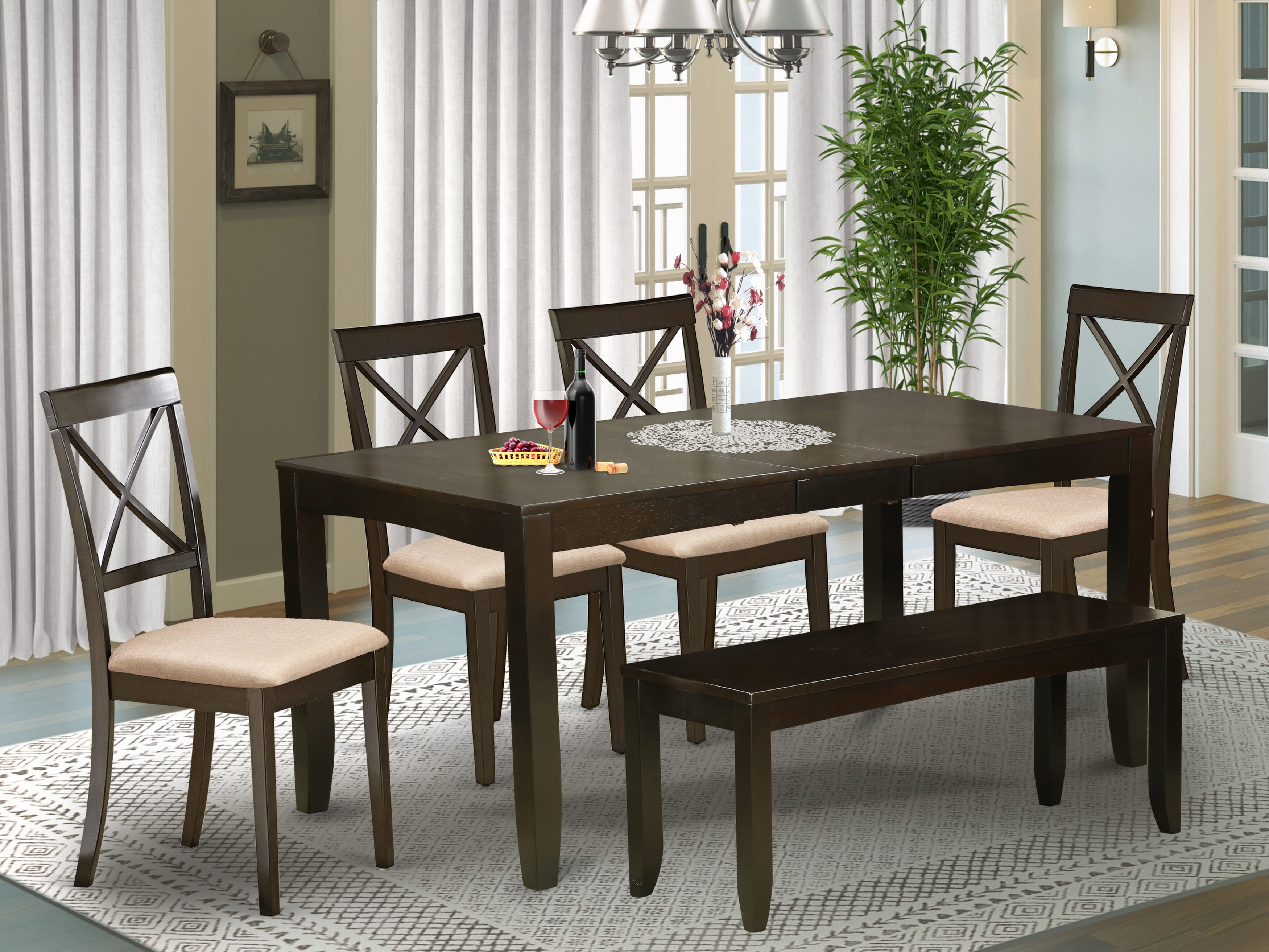 El juego de mesa de comedor de 6 piezas LYBO6-CAP-C de East West Furniture contiene una mesa de comedor rectangular con hojas de mariposa y 4 sillas tapizadas en tela de lino con un banco.