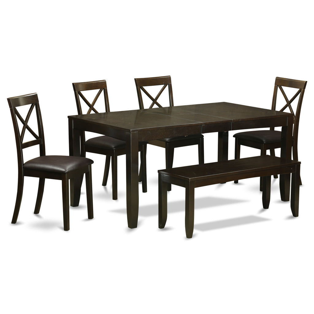 East West Furniture LYBO6-CAP-LC 6 Piece Dinette Set Contains a Rectangle Dining Room Table with Butterfly Leaf and 4 Faux Leather Dining Chairs with a Bench, 36x66 Inch, Cappuccino