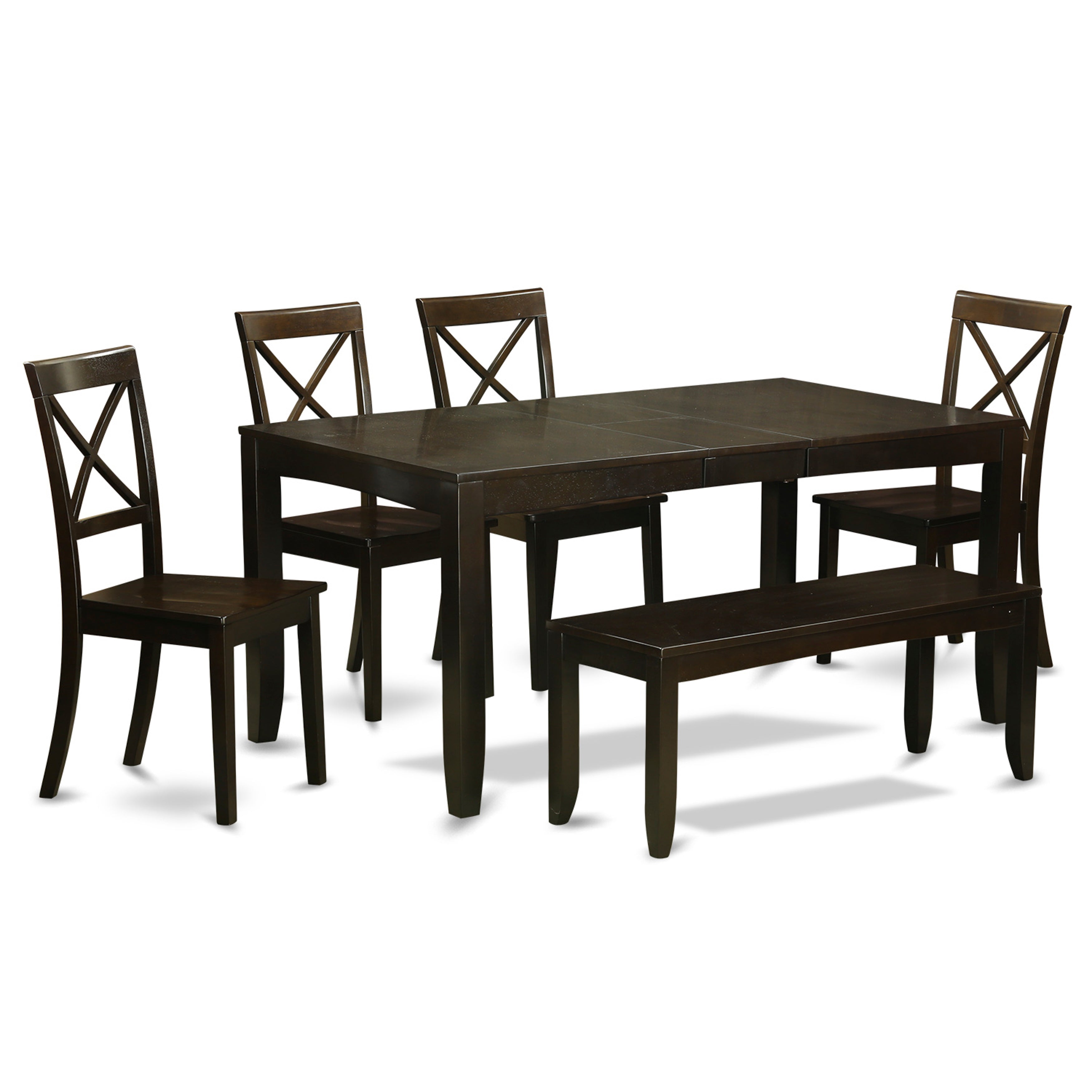 El juego de mesa de comedor de 6 piezas LYBO6-CAP-W de East West Furniture contiene una mesa de cocina rectangular con hojas de mariposa y 4 sillas de comedor con un banco.