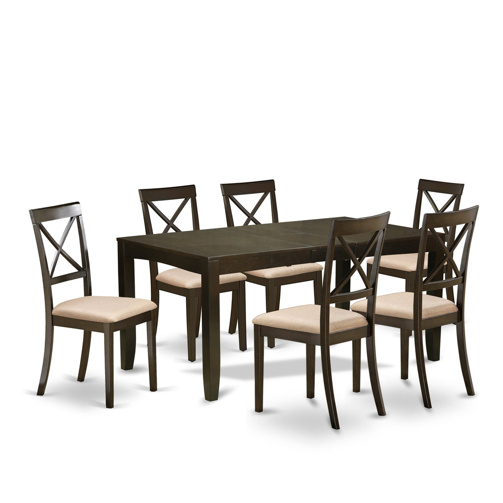 Juego de comedor de 7 piezas LYBO7-CAP-C de East West Furniture: mesa rectangular con diseño de hojas de mariposa y 6 sillas de cocina de tela de lino.