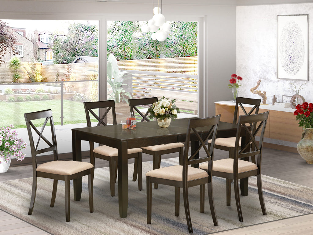 Juego de comedor de 7 piezas LYBO7-CAP-C de East West Furniture: mesa rectangular con diseño de hojas de mariposa y 6 sillas de cocina de tela de lino.