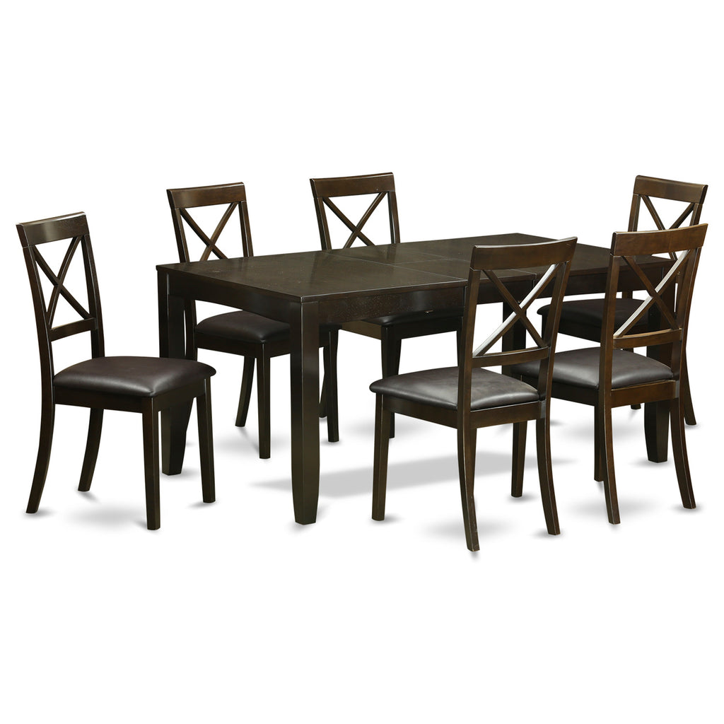 Juego de mesa de comedor de 7 piezas LYBO7-CAP-LC de East West Furniture: mesa de cocina rectangular con diseño de hojas de mariposa y 6 sillas tapizadas en piel sintética.