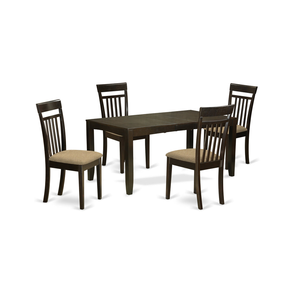 East West Furniture LYCA5-CAP-C 5 Piece Modern Dining Table Set Includes a Rectangle Wooden Table with Butterfly Leaf and 4 Linen Fabric Upholstered Chairs
