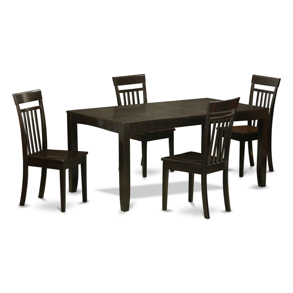 East West Furniture LYCA5-CAP-W 5 Piece Modern Dining Table Set Includes a Rectangle Wooden Table with Butterfly Leaf and 4 Dining Chairs
