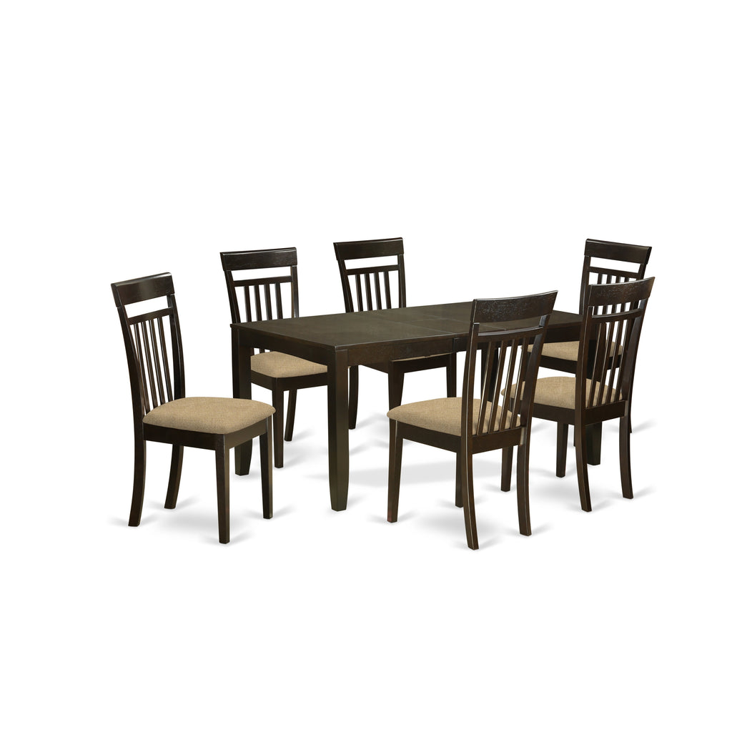 Juego de mesa de comedor East West Furniture LYCA7-CAP-C de 7 piezas compuesto por una mesa rectangular de madera con diseño de hojas de mariposa y 6 sillas de comedor de cocina de tela de lino.