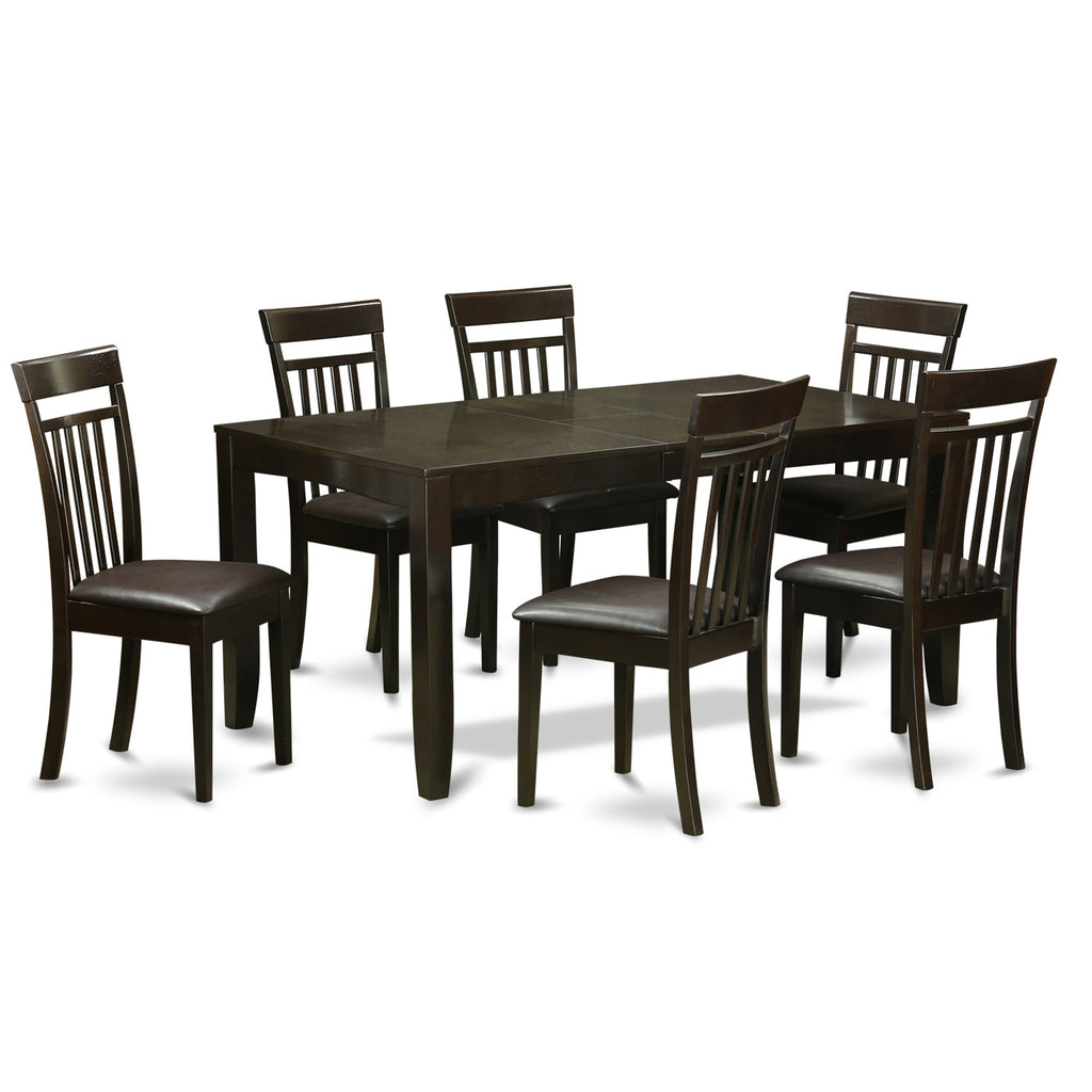 Juego de mesa y sillas de cocina de 7 piezas LYCA7-CAP-LC de East West Furniture. Incluye una mesa rectangular de madera con diseño de hojas de mariposa y 6 sillas de comedor de piel sintética.