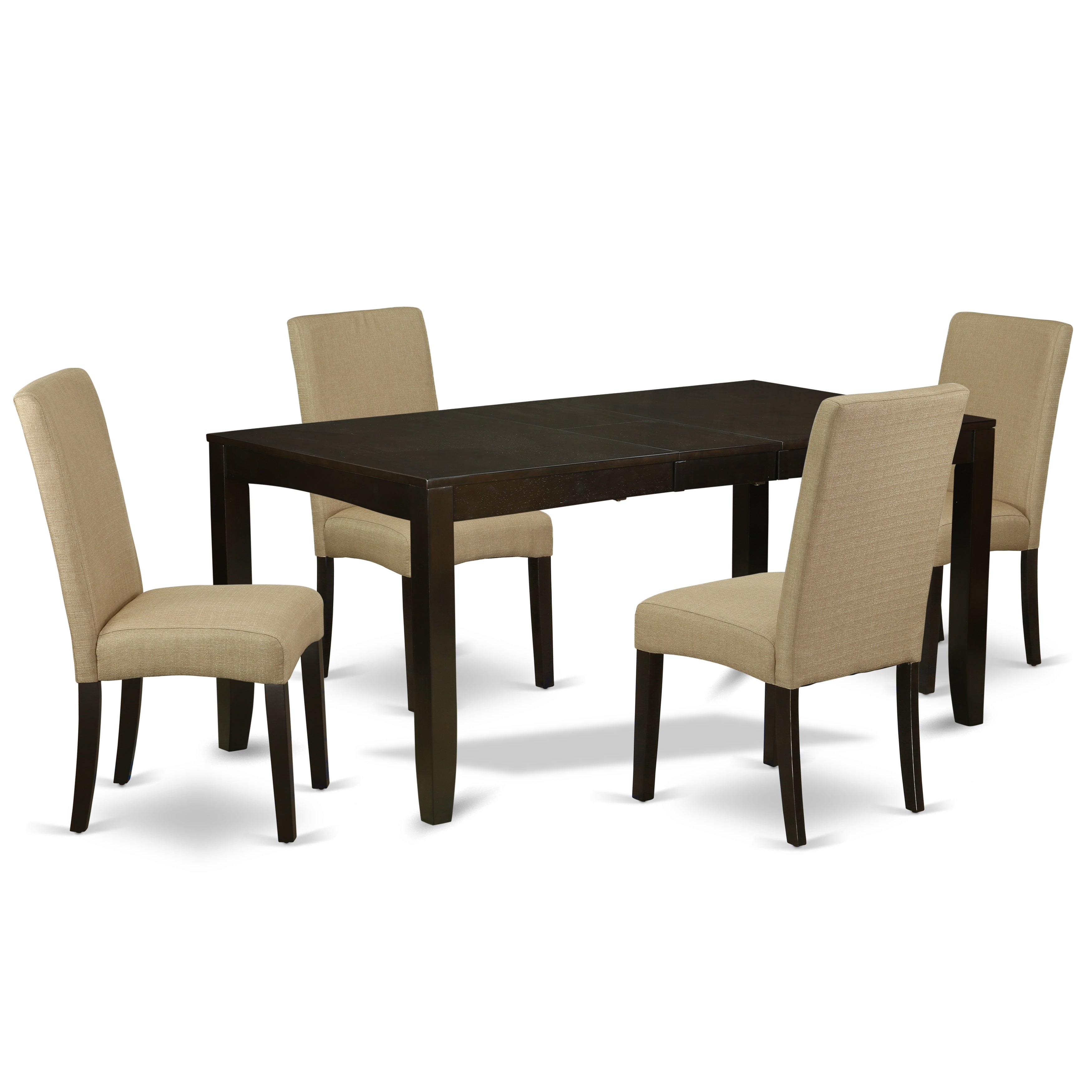 Juego de mesa de comedor de 5 piezas para 4 personas East West Furniture LYDR5-CAP-03. Incluye una mesa de cocina rectangular con diseño de hojas de mariposa y 4 sillas tapizadas en tela de lino marrón.