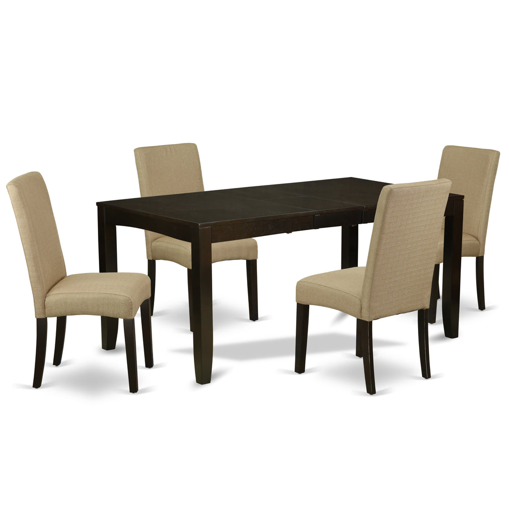 East West Furniture LYDR5-CAP-03 5 Piece Dining Table Set for 4 Includes a Rectangle Kitchen Table with Butterfly Leaf and 4 Brown Linen Fabric Upholstered Chairs