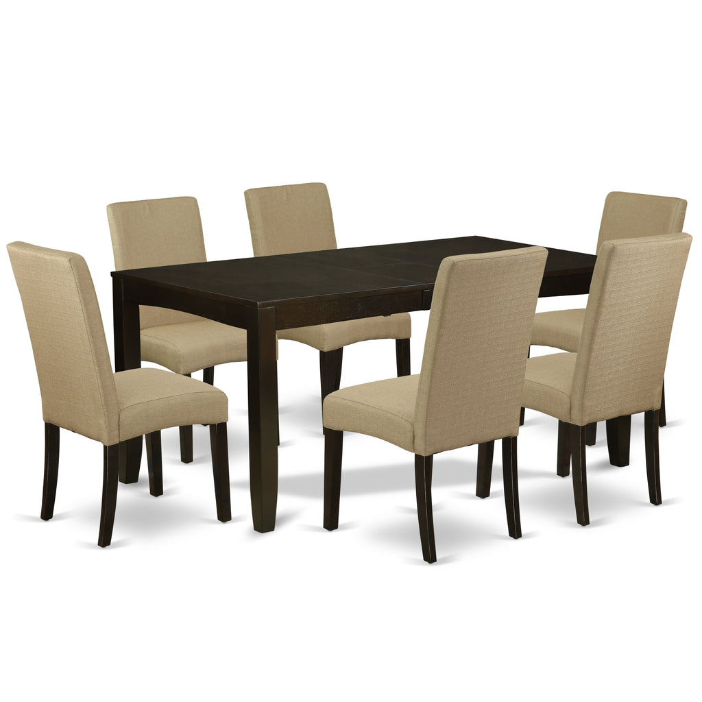 East West Furniture LYDR7-CAP-03 7 Piece Kitchen Table Set Consist of a Rectangle Dining Table with Butterfly Leaf and 6 Brown Linen Fabric Parson Dining Chairs