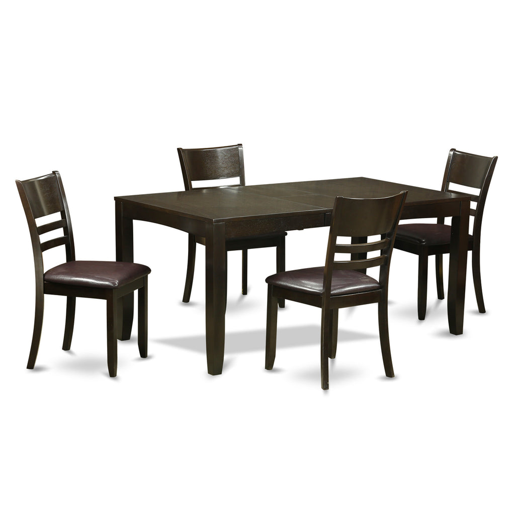 Juego de mesa de cocina de 5 piezas East West Furniture LYFD5-CAP-LC para 4 personas. Incluye una mesa de comedor rectangular con diseño de hojas de mariposa y 4 sillas tapizadas en piel sintética.