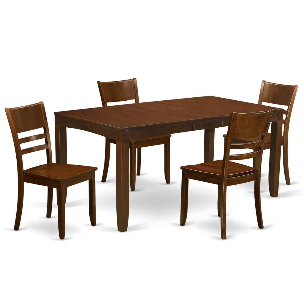 Juego de comedor de 5 piezas East West Furniture LYFD5-ESP-W para 4 personas. Incluye una mesa de comedor rectangular con diseño de hojas de mariposa y 4 sillas de comedor.