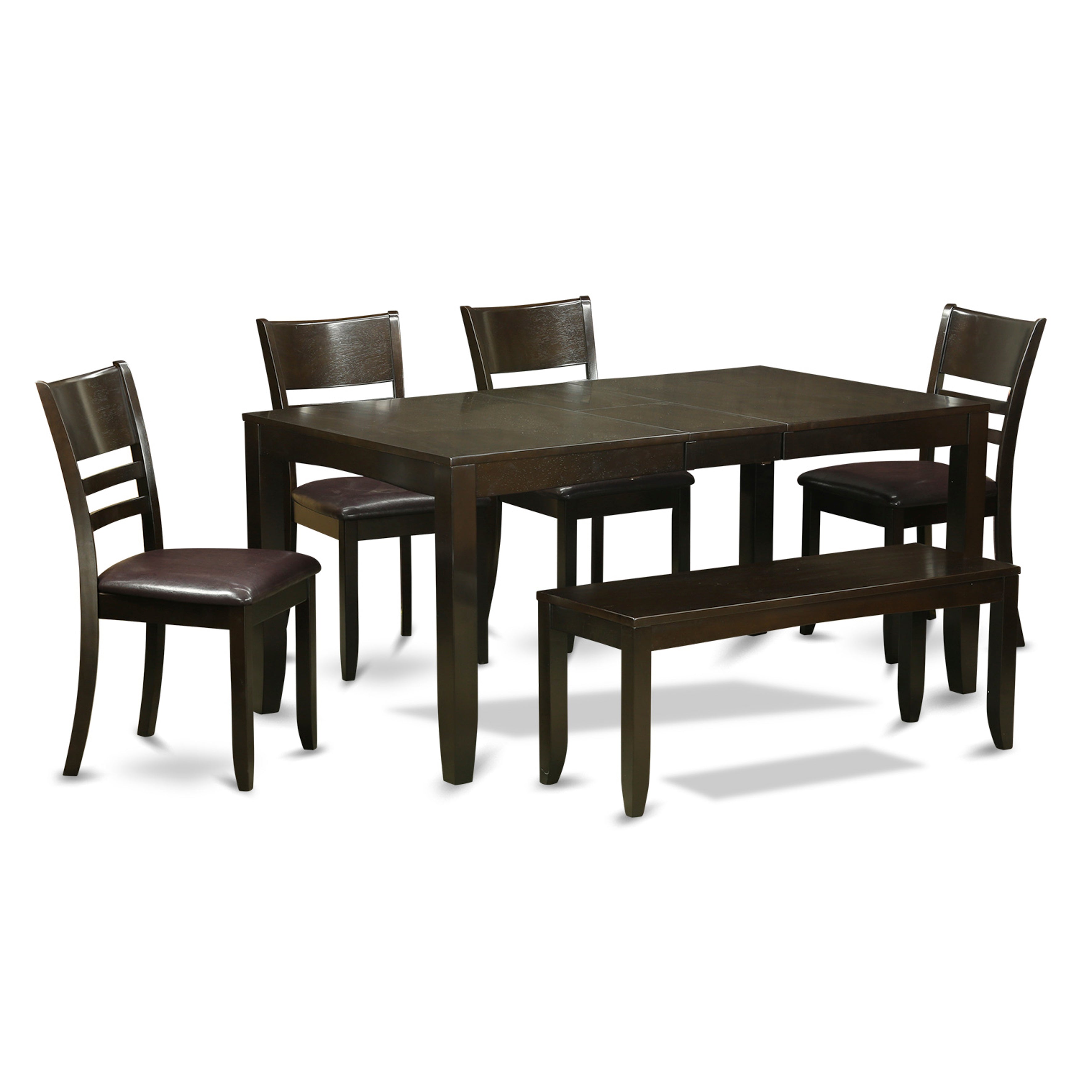 El juego de comedor de 6 piezas LYFD6-CAP-LC de East West Furniture contiene una mesa de comedor rectangular con hojas de mariposa y 4 sillas de cocina de cuero sintético con un banco.
