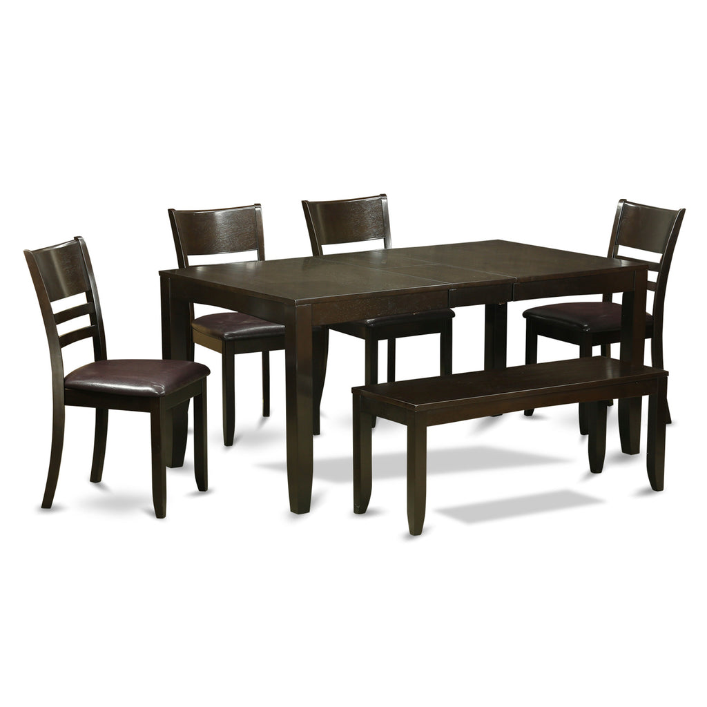 East West Furniture LYFD6-CAP-LC 6 Piece Dining Set Contains a Rectangle Dining Room Table with Butterfly Leaf and 4 Faux Leather Kitchen Chairs with a Bench