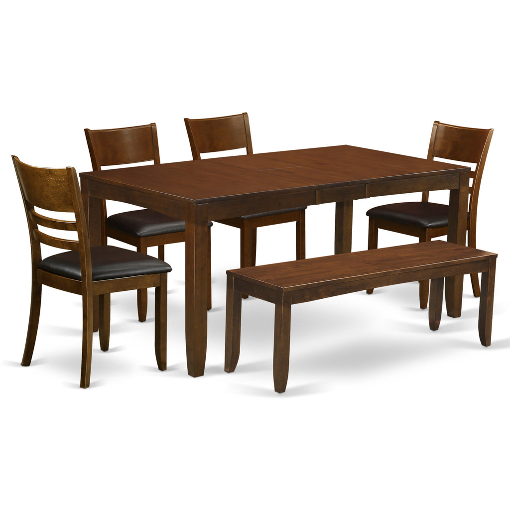 El juego de mesa de comedor de 6 piezas LYFD6-ESP-LC de East West Furniture contiene una mesa de comedor rectangular con hojas de mariposa y 4 sillas de comedor de cuero sintético con un banco.