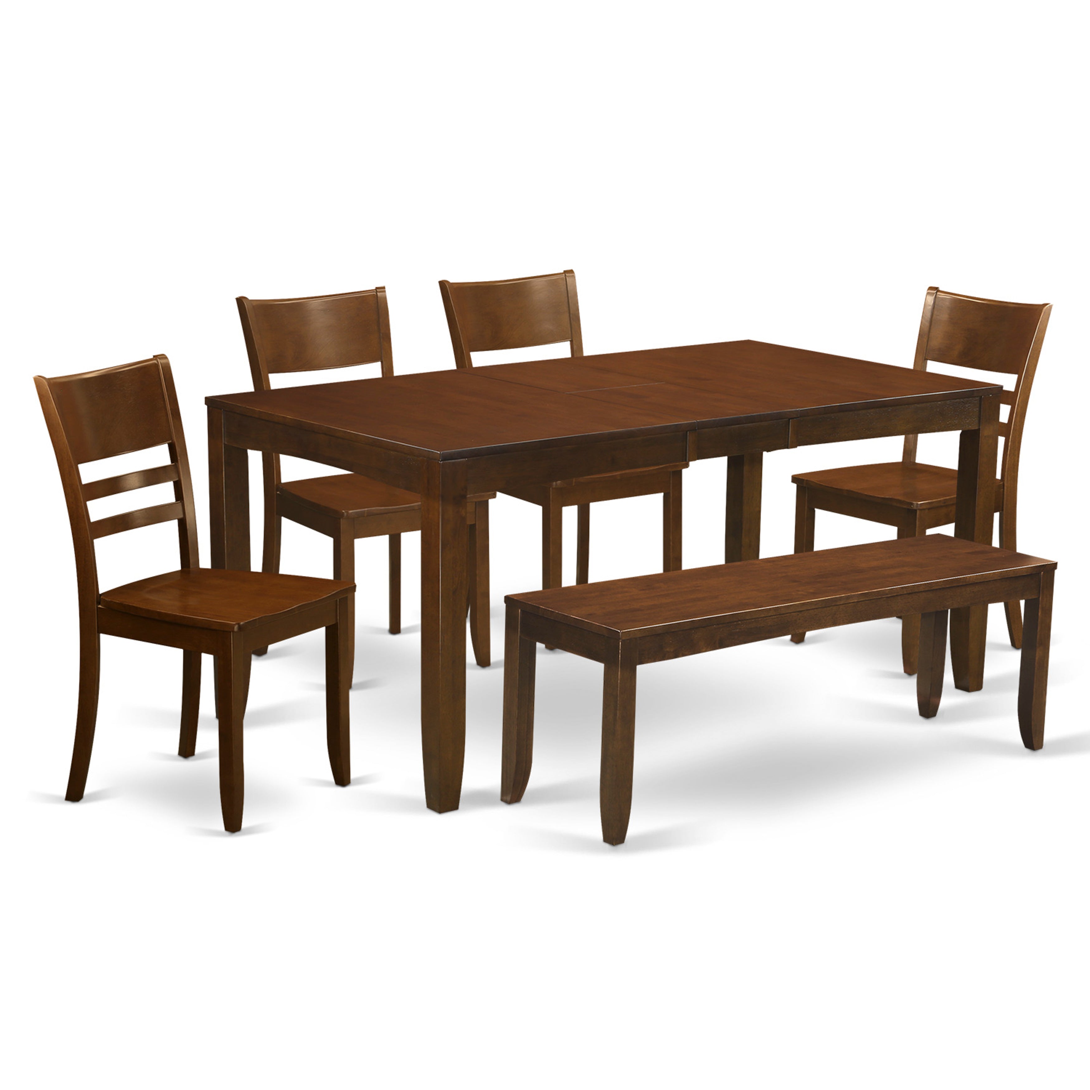 Juego de mesa de comedor de 6 piezas East West Furniture LYFD6-ESP-W. Contiene una mesa de cocina rectangular con hojas de mariposa y 4 sillas de comedor con un banco.