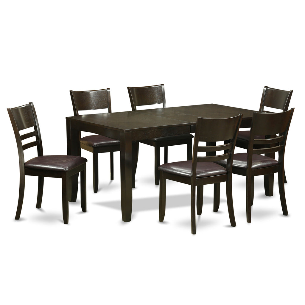 Juego de comedor de 7 piezas East West Furniture LYFD7-CAP-LC compuesto por una mesa de cocina rectangular con diseño de hojas de mariposa y 6 sillas tapizadas en piel sintética.