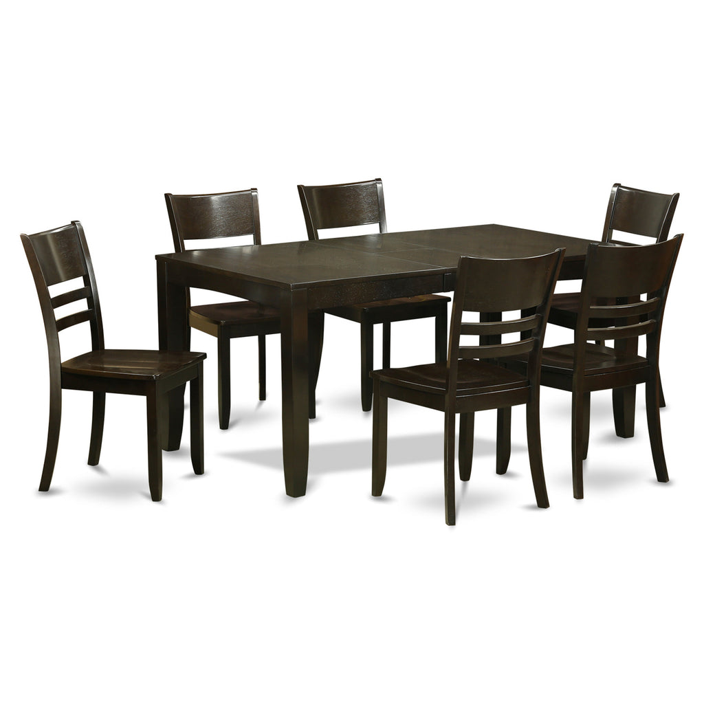 Juego de mesa de cocina de 7 piezas East West Furniture LYFD7-CAP-W compuesto por una mesa de comedor rectangular con hojas de mariposa y 6 sillas de comedor.