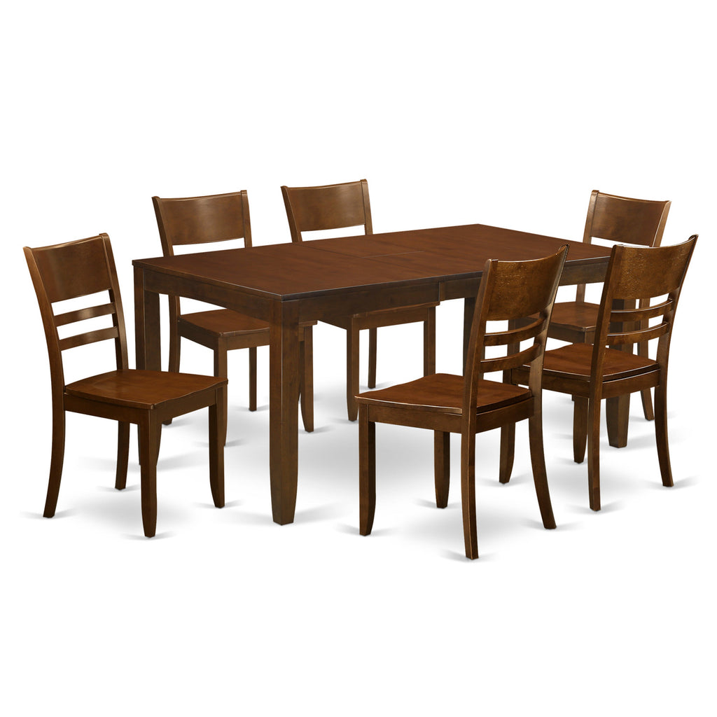 Juego de mesa y sillas de cocina de 7 piezas East West Furniture LYFD7-ESP-W. Incluye una mesa de comedor rectangular con diseño de hojas de mariposa y 6 sillas de comedor.
