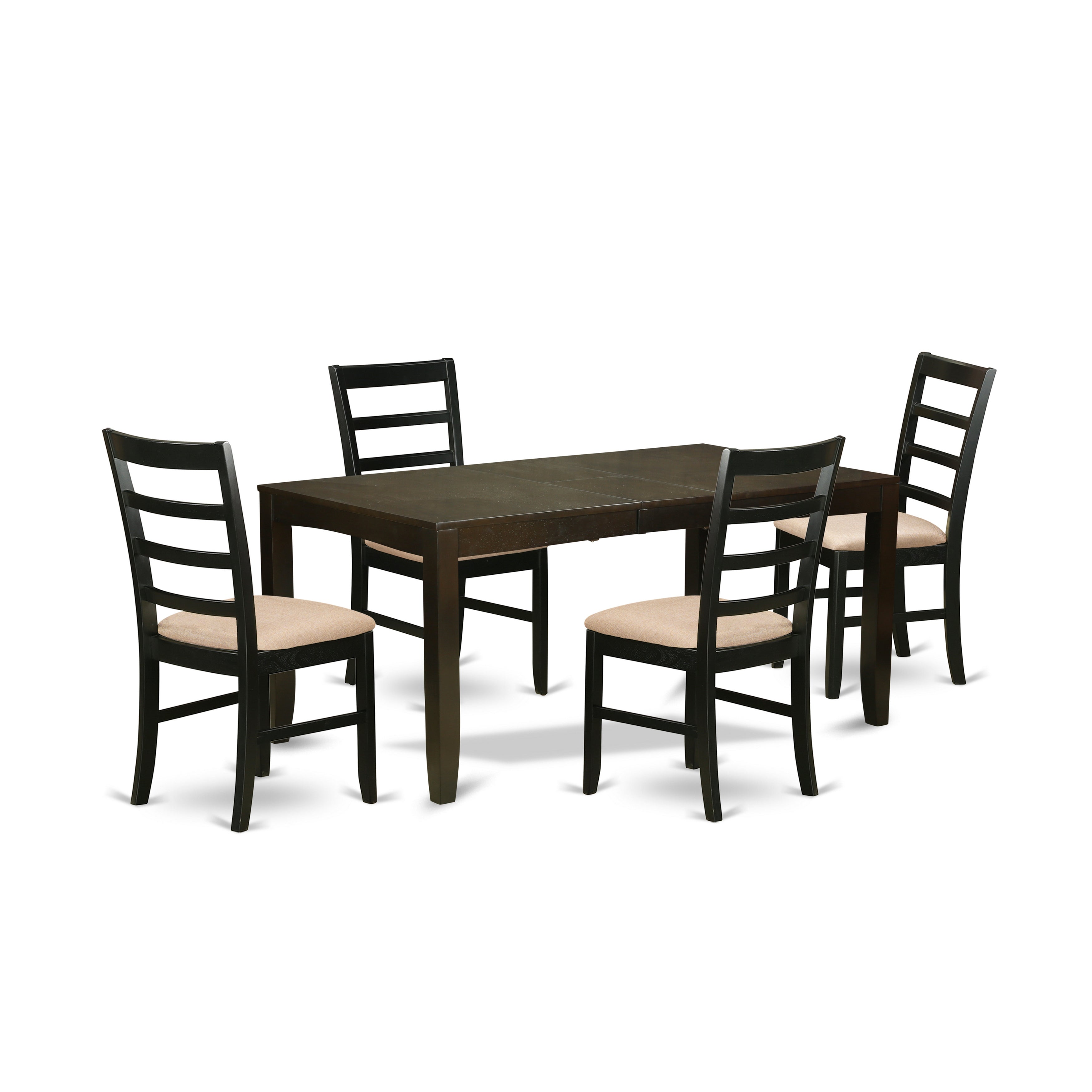 Juego de mesa de cocina de 5 piezas East West Furniture LYPF5-CAP-C para 4 personas. Incluye una mesa de comedor rectangular con diseño de hojas de mariposa y 4 sillas tapizadas en tela de lino.