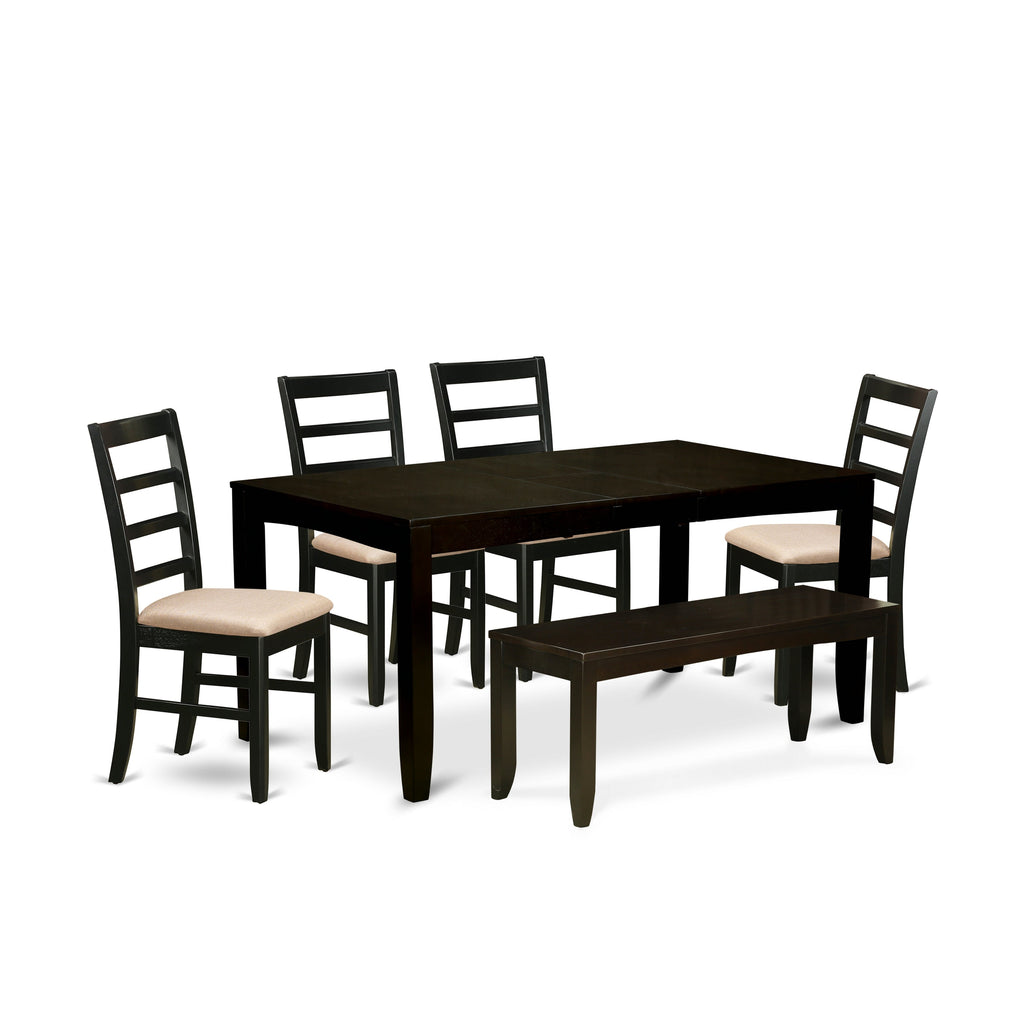 East West Furniture LYPF6-CAP-C 6 Piece Dining Table Set Contains a Rectangle Dining Room Table with Butterfly Leaf and 4 Linen Fabric Upholstered Chairs with a Bench