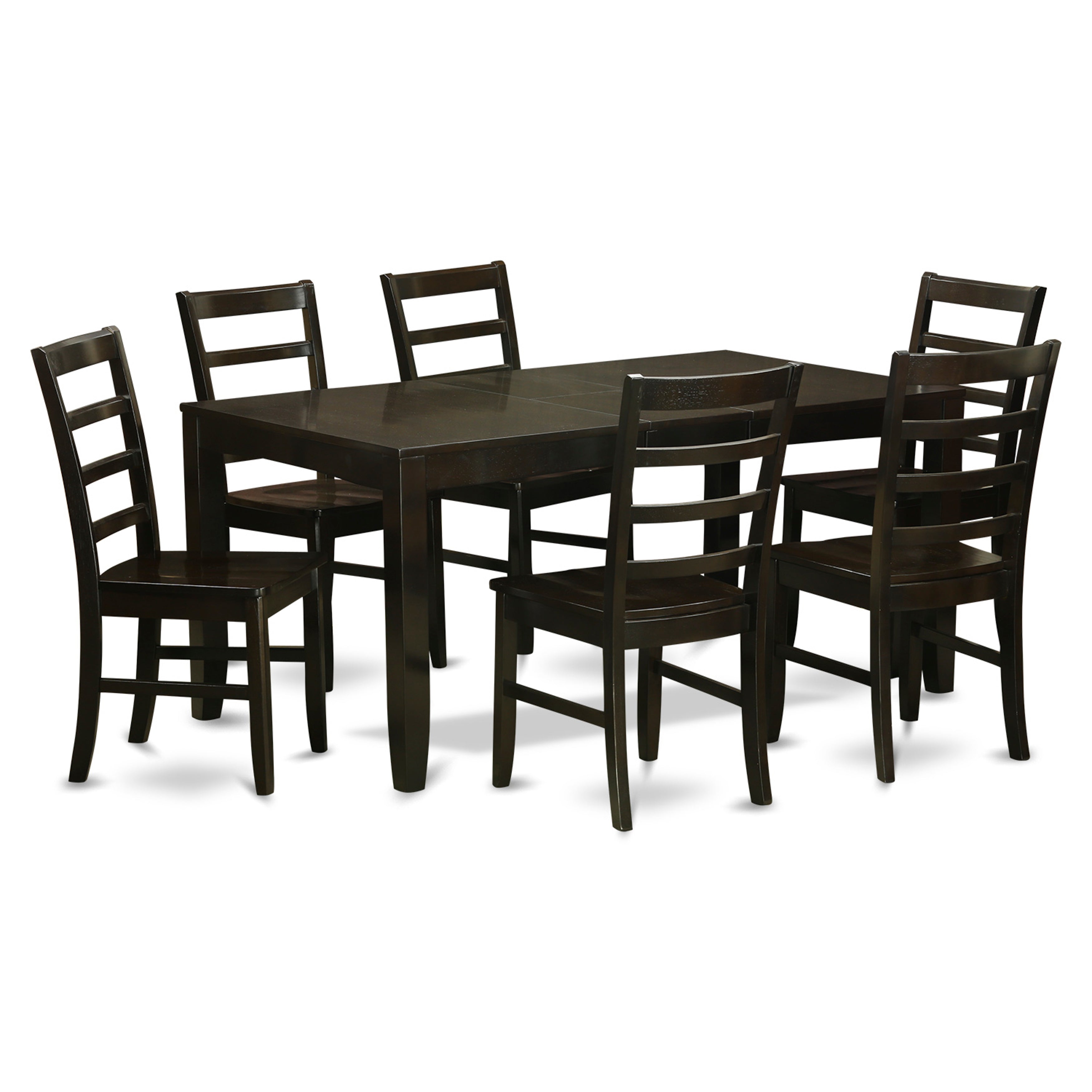 Juego de comedor East West Furniture LYPF7-CAP-W de 7 piezas compuesto por una mesa rectangular con hojas de mariposa y 6 sillas con asiento de madera.