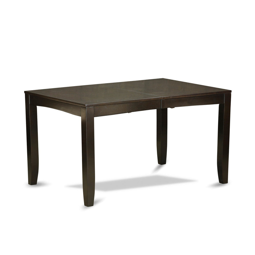 East West Furniture LYCA6-CAP-W 6 Piece Modern Dining Table Set Contains a Rectangle Wooden Table with Butterfly Leaf and 4 Dining Chairs with a Bench