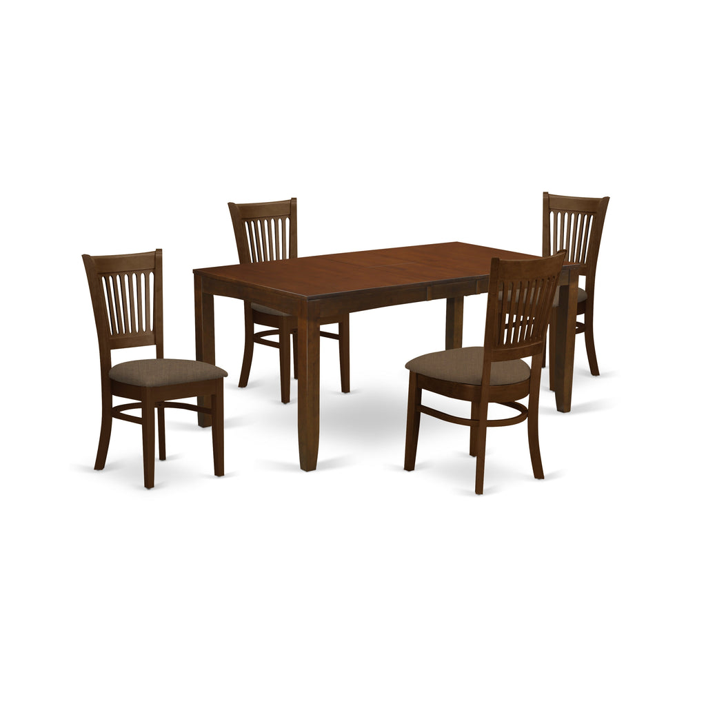 Juego de mesa de cocina de 5 piezas para 4 personas East West Furniture LYVA5-ESP-C. Incluye una mesa de comedor rectangular con diseño de hojas de mariposa y 4 sillas tapizadas en tela de lino.