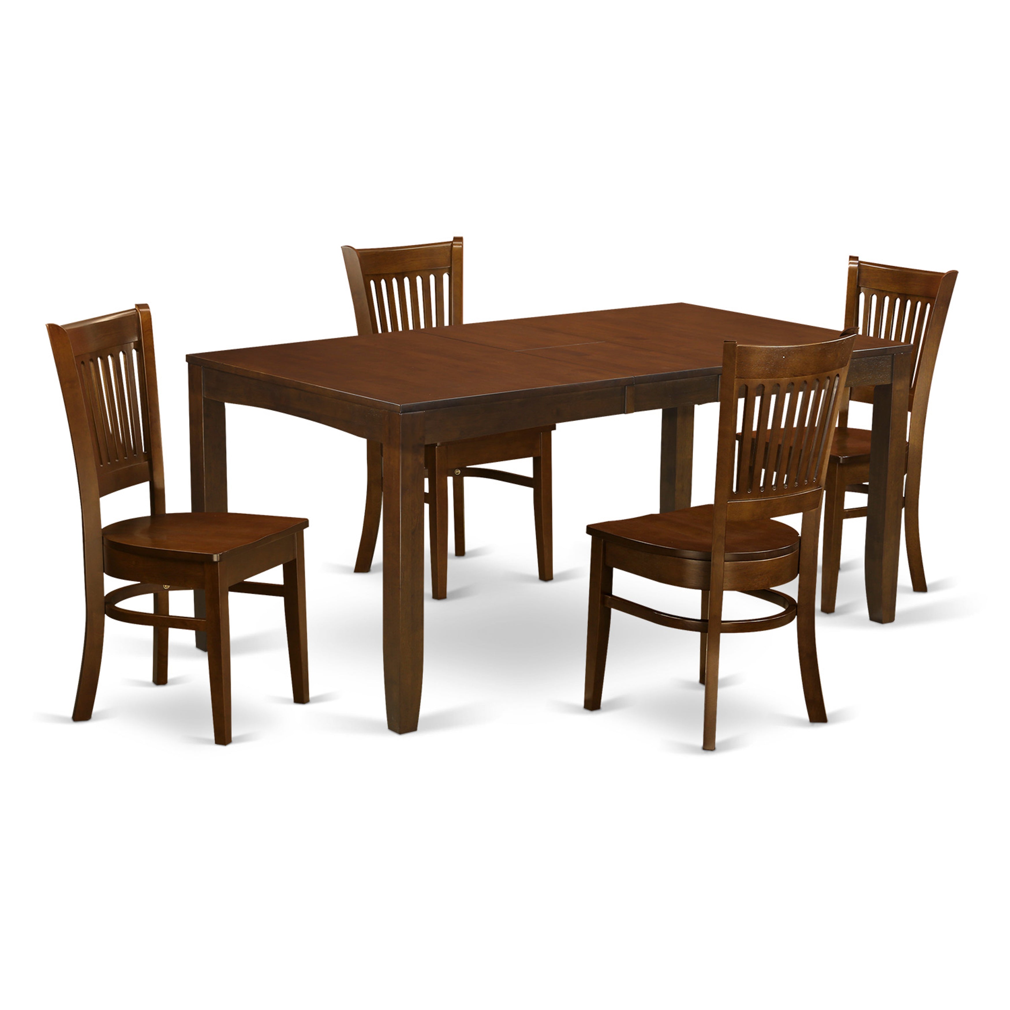 El juego de muebles de comedor de 5 piezas East West Furniture LYVA5-ESP-W incluye una mesa rectangular de madera con hojas de mariposa y 4 sillas de comedor de cocina.