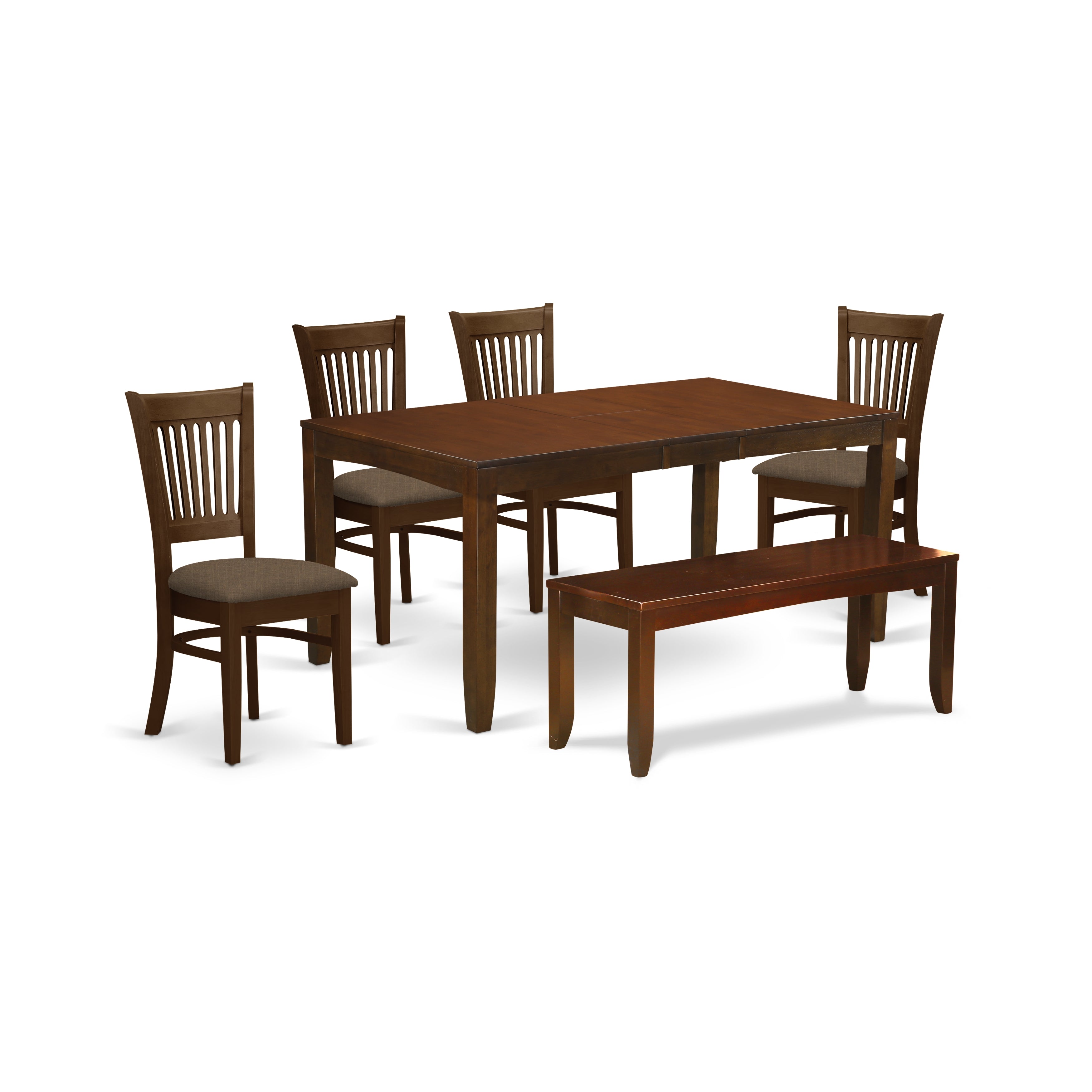 El juego de mesa de cocina de 6 piezas LYVA6-ESP-C de East West Furniture contiene una mesa de comedor rectangular con hojas de mariposa y 4 sillas de comedor de tela de lino con un banco.