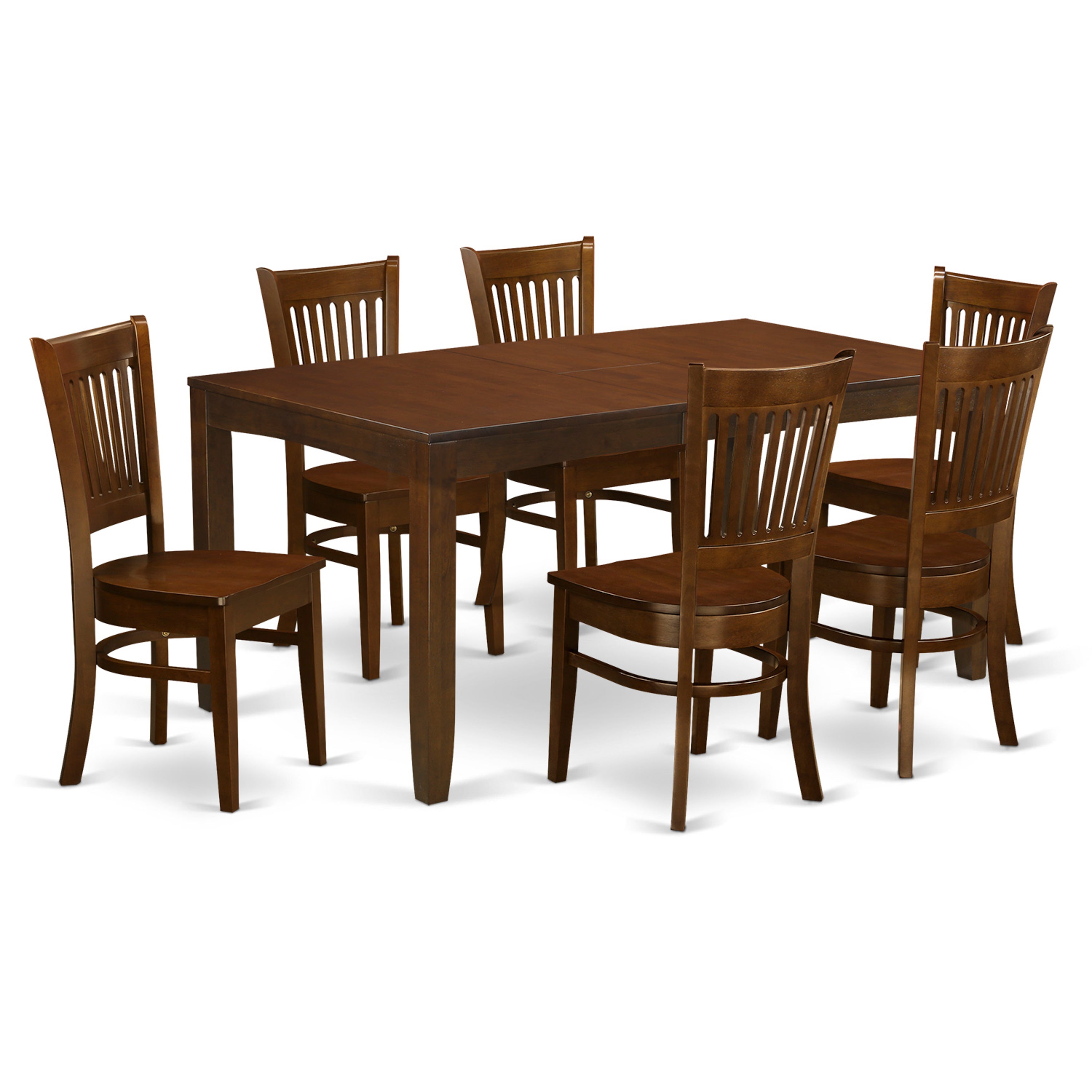 Juego de mesa de comedor East West Furniture LYVA7-ESP-W de 7 piezas compuesto por una mesa de comedor rectangular con hojas de mariposa y 6 sillas con asiento de madera.