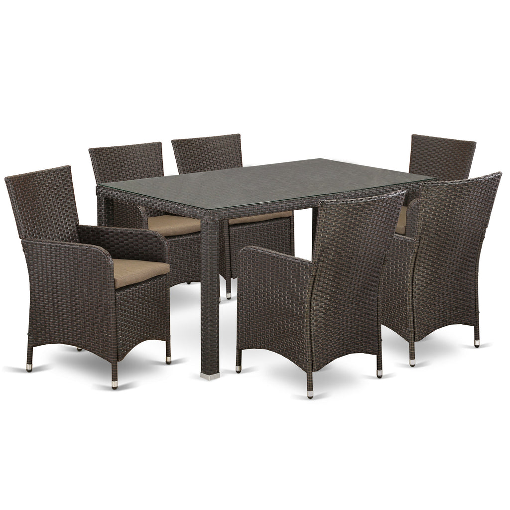 East West Furniture MALU7-63S 7 Piece Outdoor Patio Conversation Sets Consist of a Rectangle Wicker Dining Table with Glass Top and 6 Backyard Armchair with Cushion, 35x59 Inch, Dark Brown