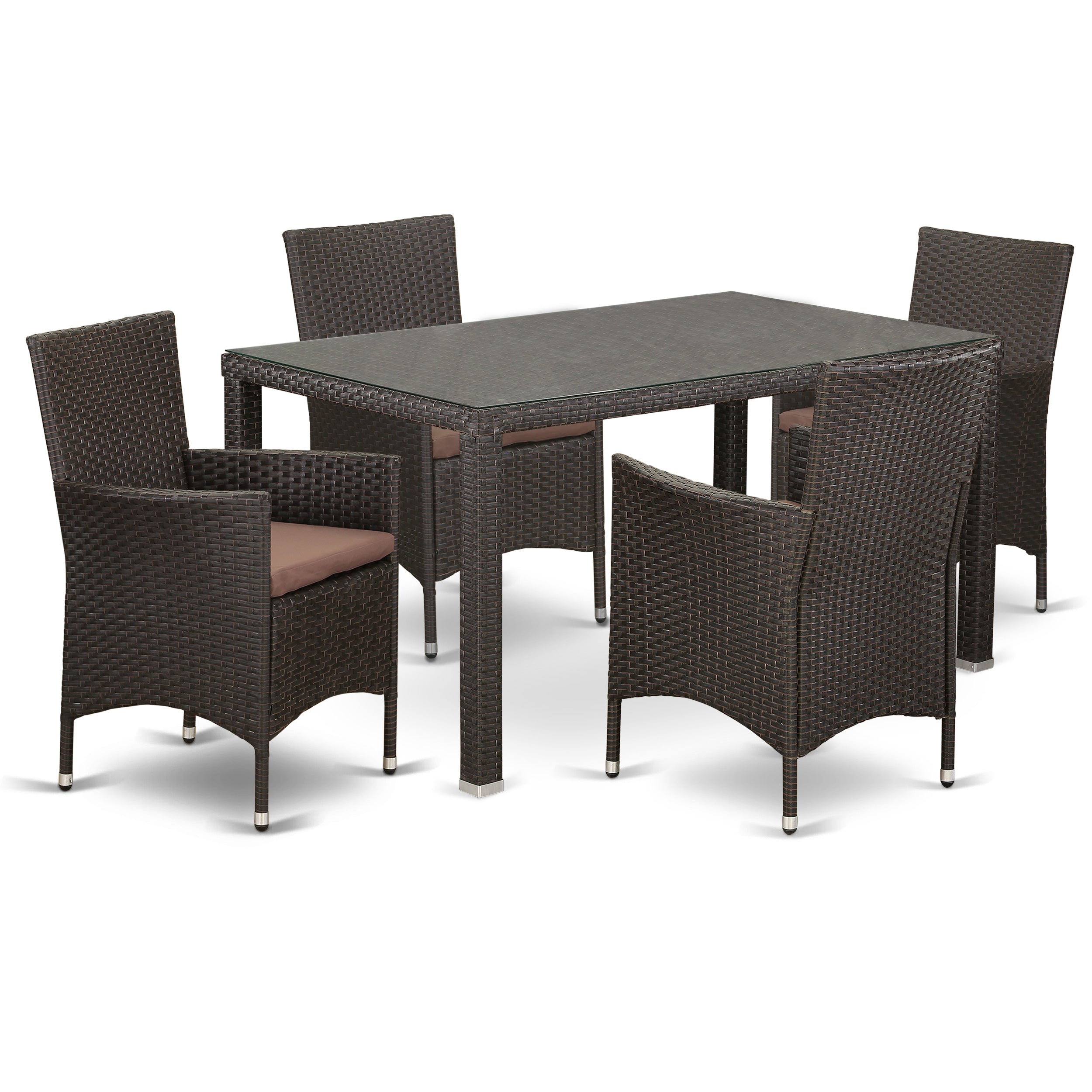 East West Furniture MAVL5-63S Juego de muebles de patio de 5 piezas Juego de exterior de mimbre Incluye una mesa de comedor de bistró rectangular con tapa de vidrio y 4 sillones de balcón con cojín