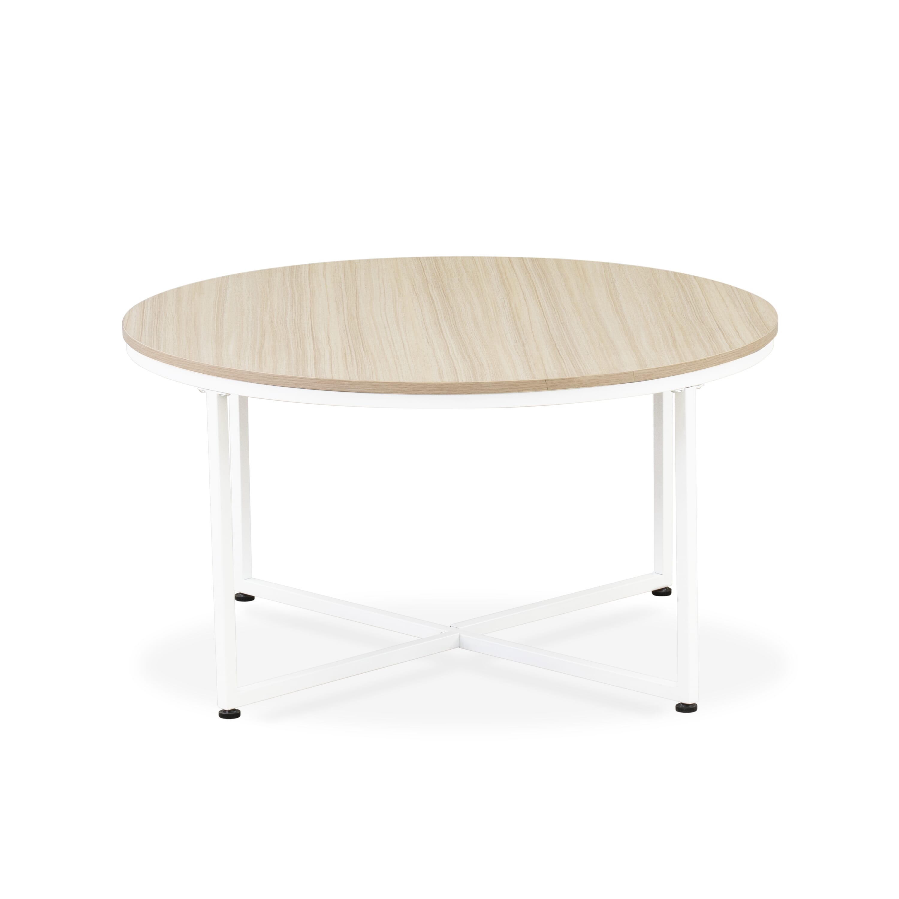 East West Furniture MDCTW02 - Madison Round Coffee Table for Living Room, Mid Century Modern Coffee Table in Powder Coating Linen white Color and Linen white Wood Laminate