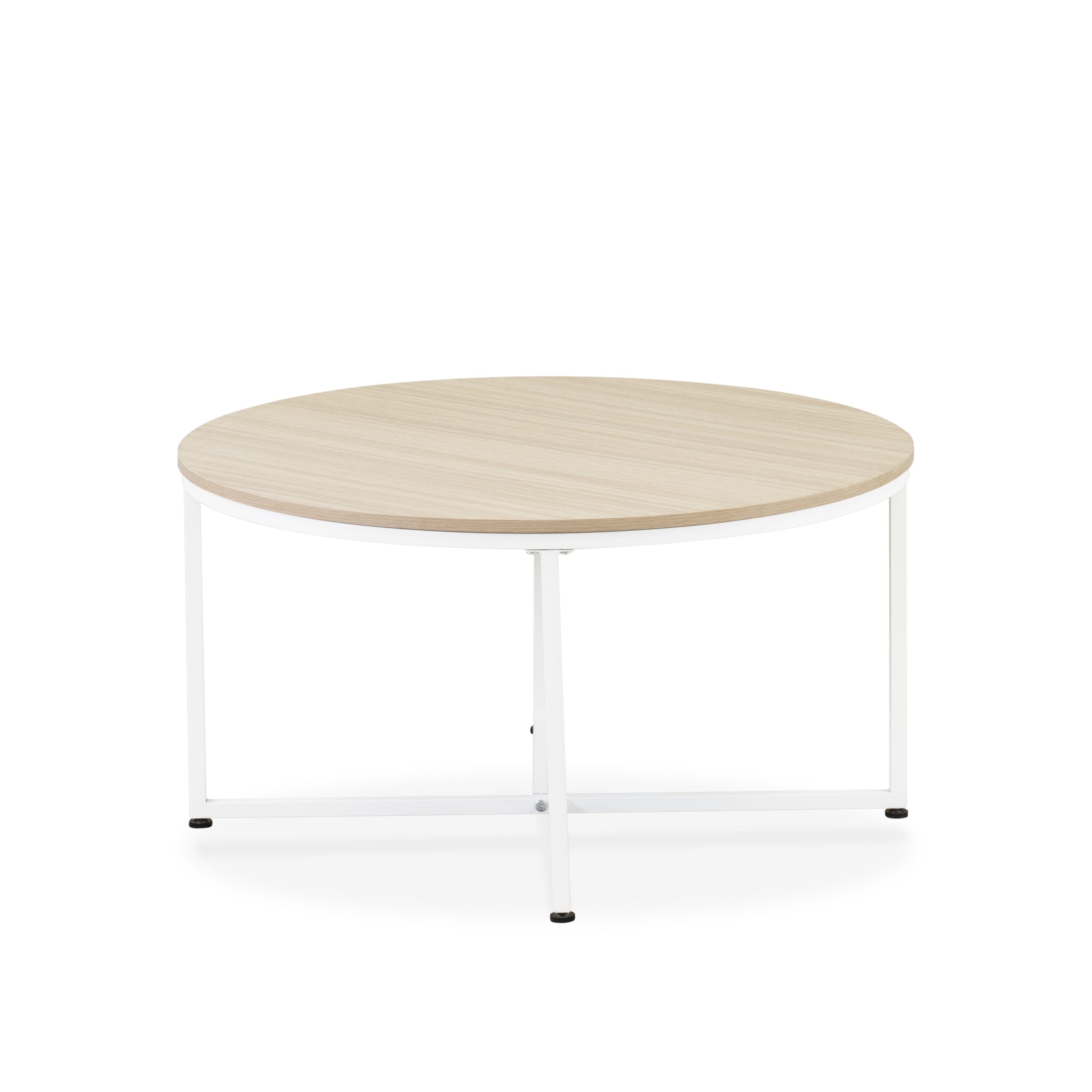 East West Furniture MDCTW02 - Madison Round Coffee Table for Living Room, Mid Century Modern Coffee Table in Powder Coating Linen white Color and Linen white Wood Laminate