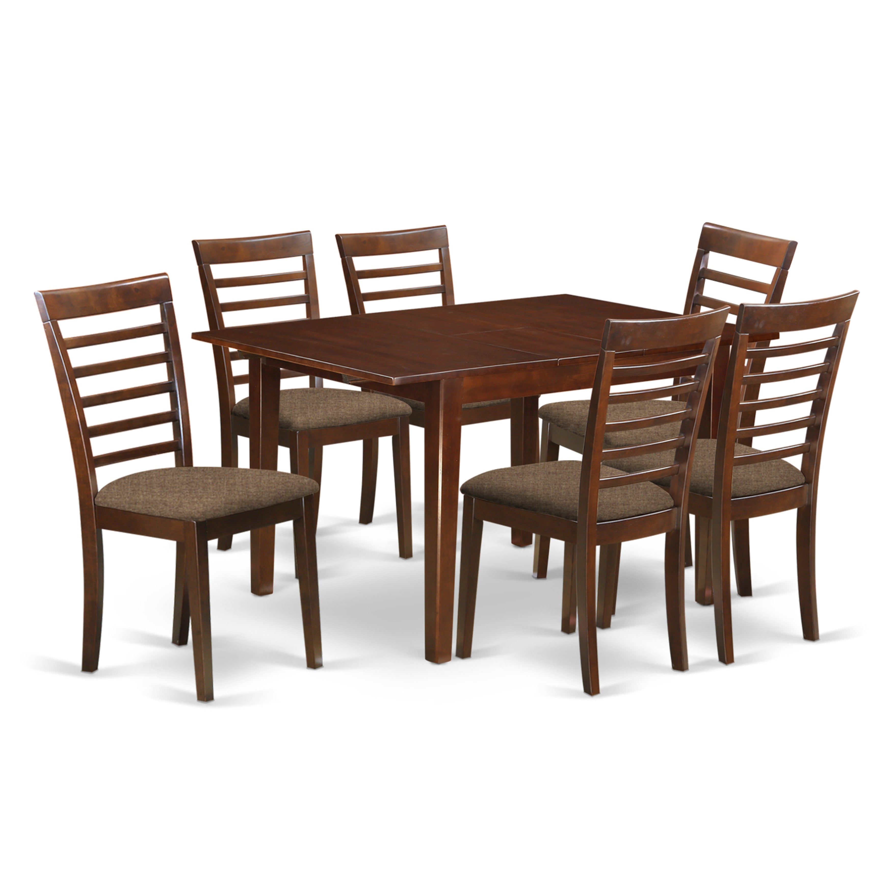 Juego de mesa de comedor East West Furniture MILA7-MAH-C de 7 piezas compuesto por una mesa rectangular con diseño de hojas de mariposa y 6 sillas de comedor de tela de lino.