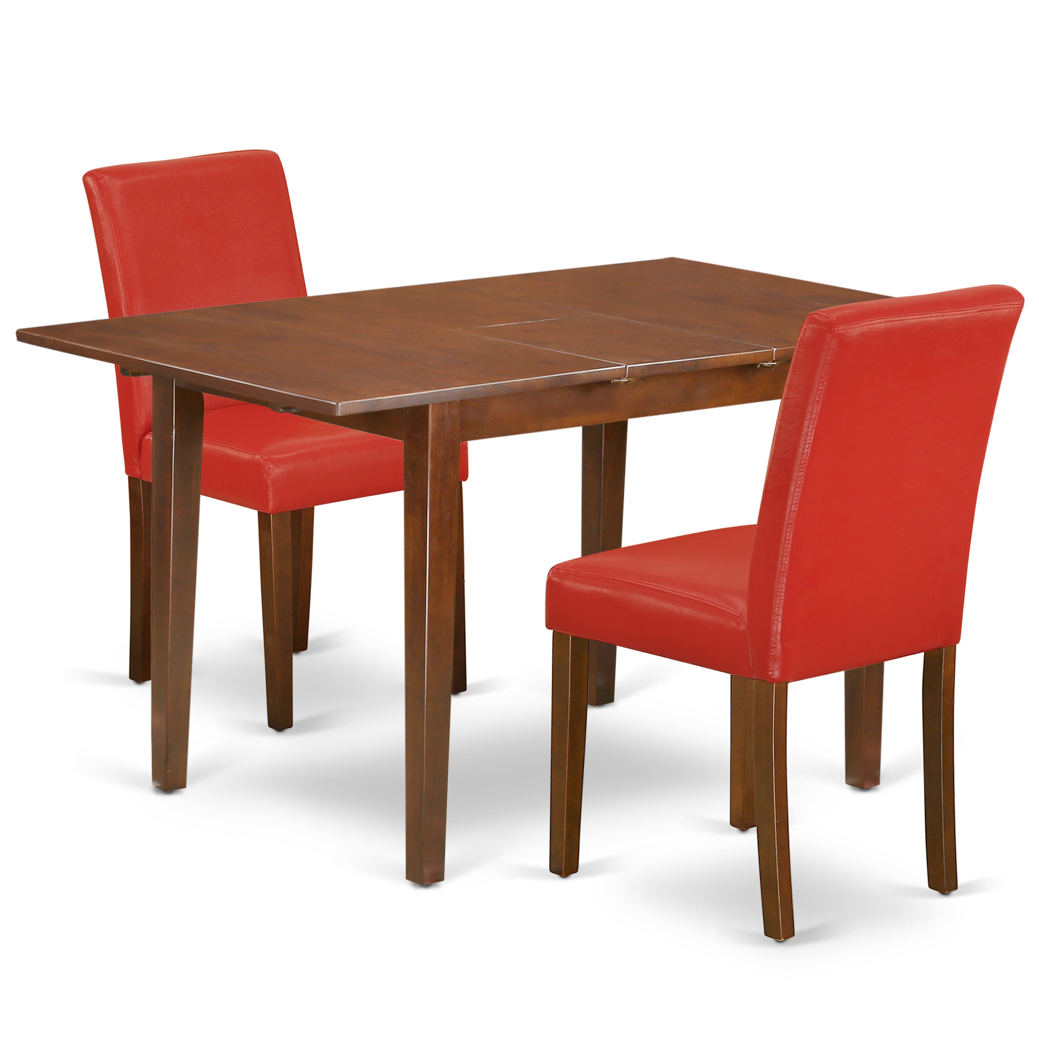 MLAB3-MAH-72 3Pc Rectangular 42/54 Inch Table With 12 In Leaf And Two Parson Chair With Mahogany Leg And Pu Leather Color Firebrick Red