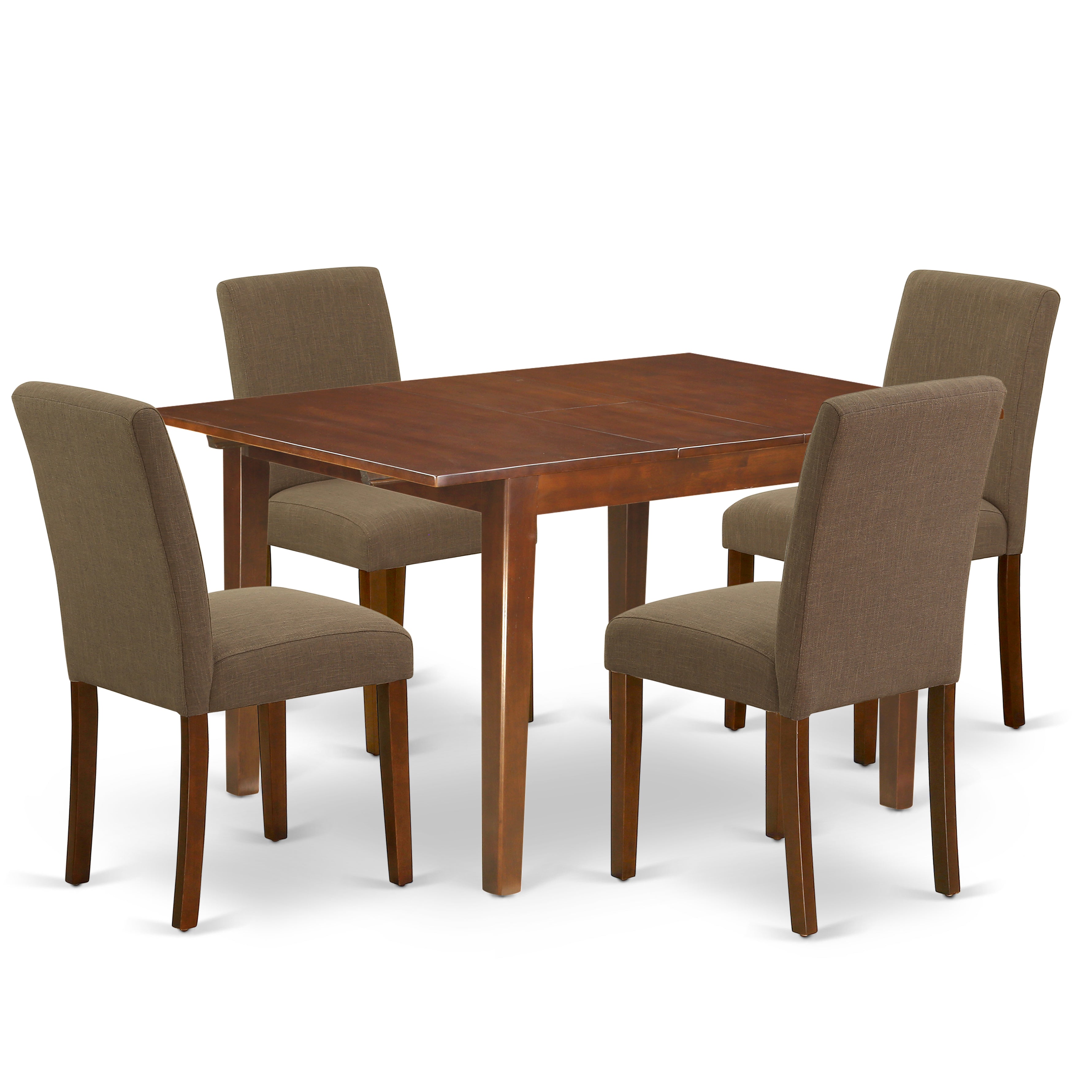 Juego de mesa de comedor moderna de 5 piezas East West Furniture MLAB5-MAH-18. Incluye una mesa rectangular de madera con diseño de hojas de mariposa y 4 sillas tapizadas en tela de lino color café.